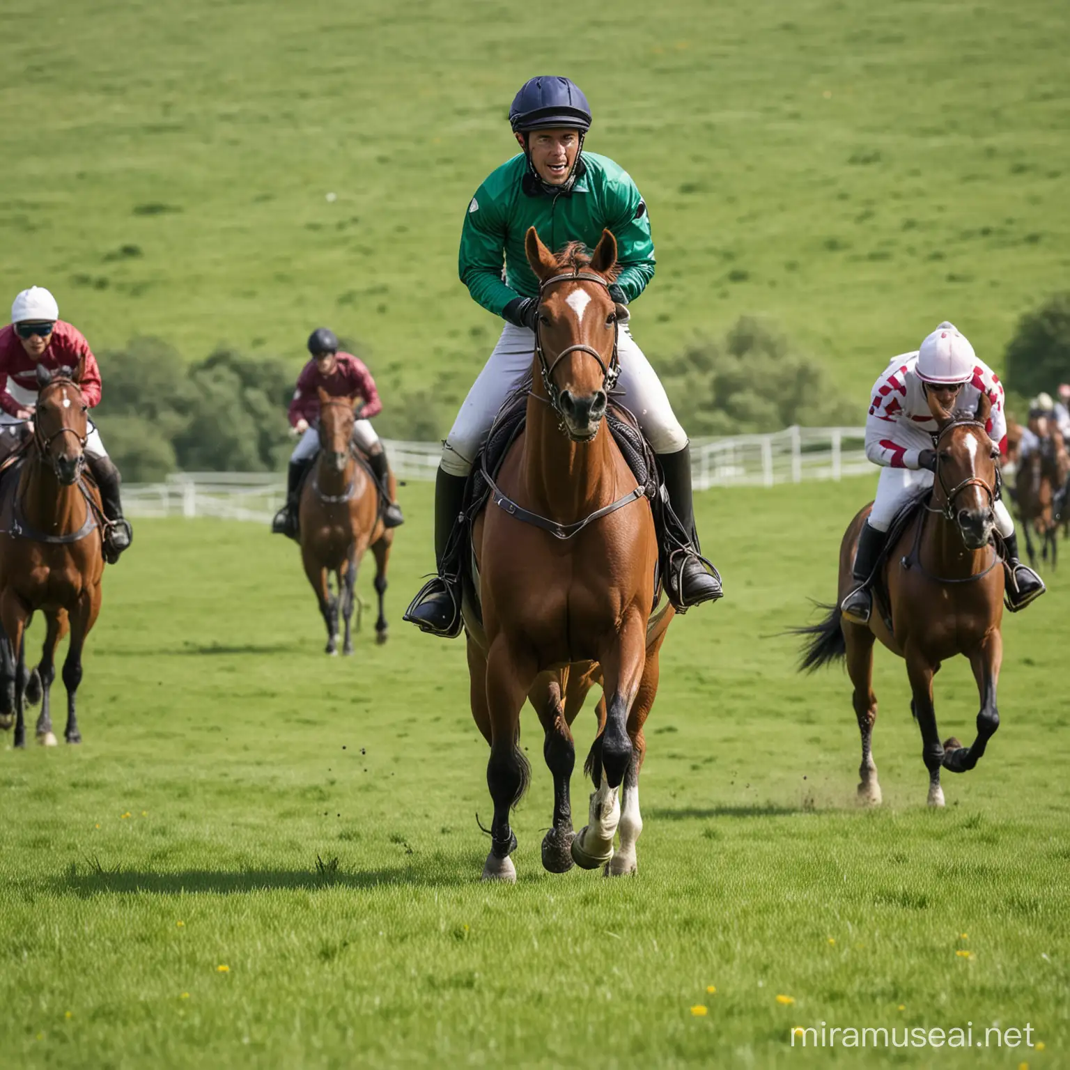 jinete con su caballo en una carrera, con otros caballos atras de el, EN UN PASTIZAL VERDE