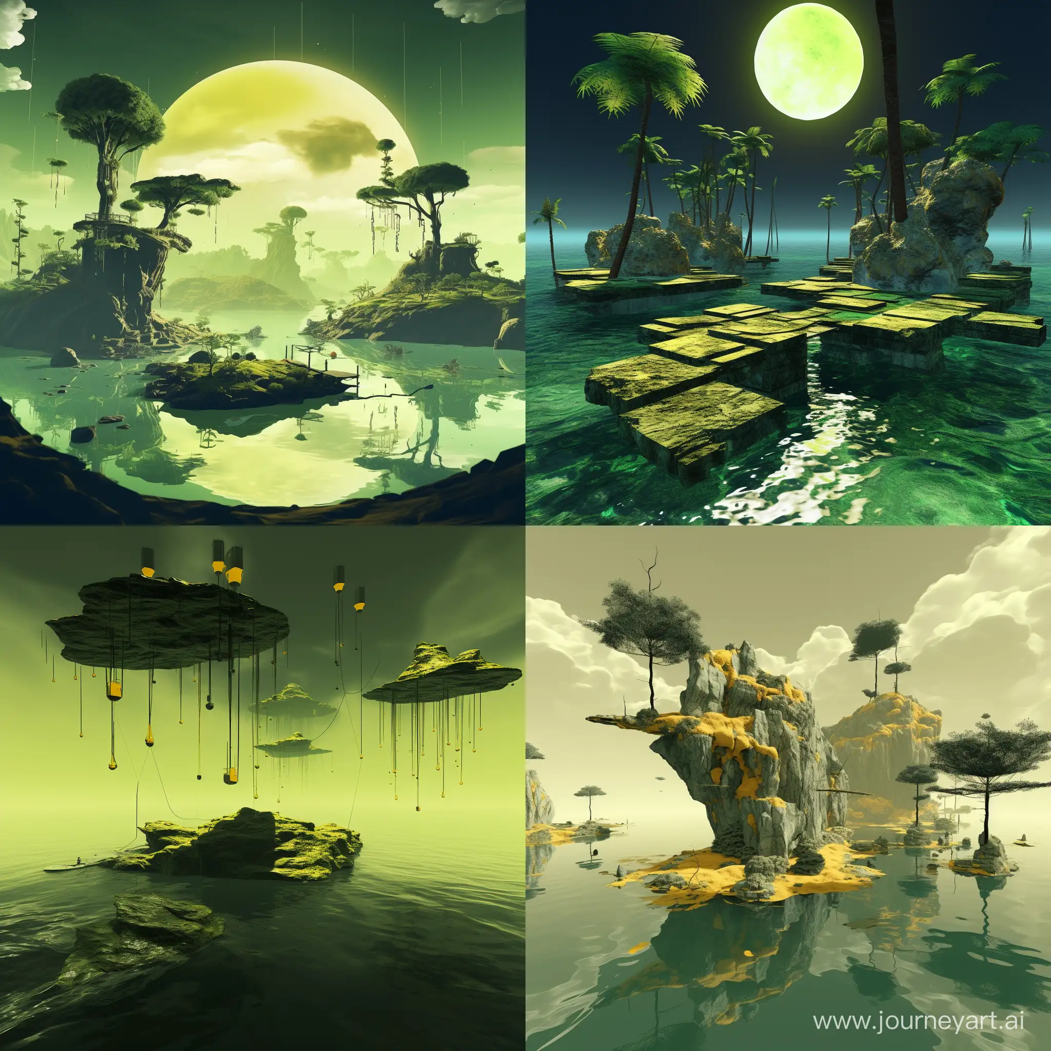 [Islands] in Mystic Gravity style, capturing the invisible forces of gravity in the mystical realm, in gravity [green] and mystic [yellow]