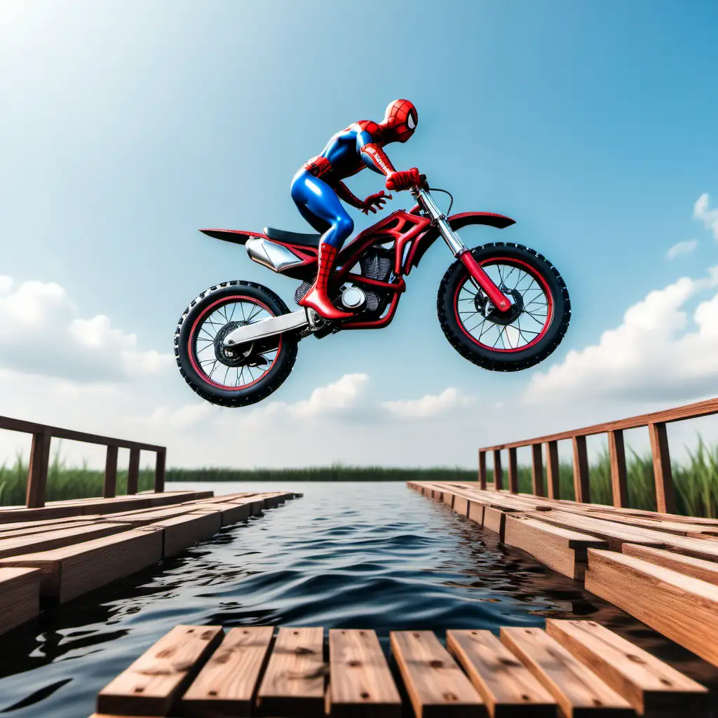 Spiderman Bike Stunt on top of sky water and wooden tracks