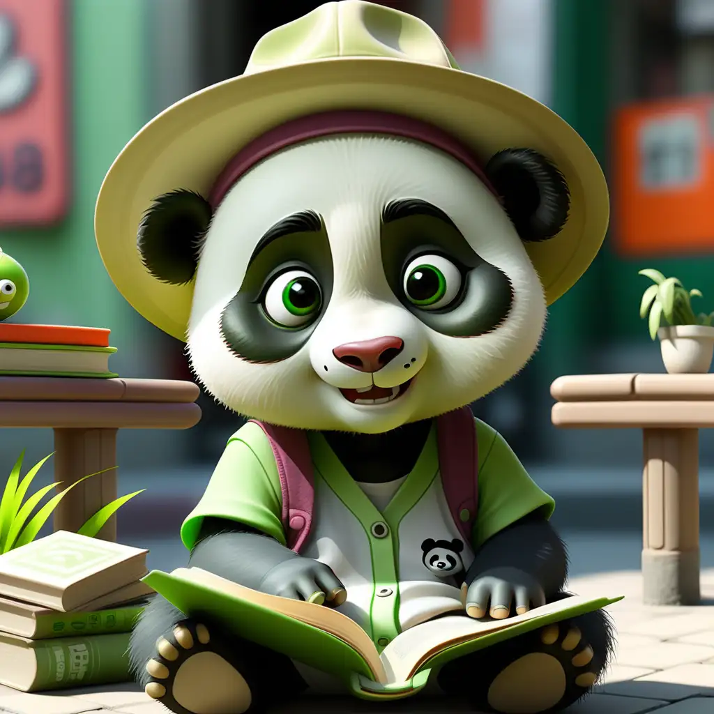 Adorable Green Panda Girl Reading Book in Stylish Street Clothes