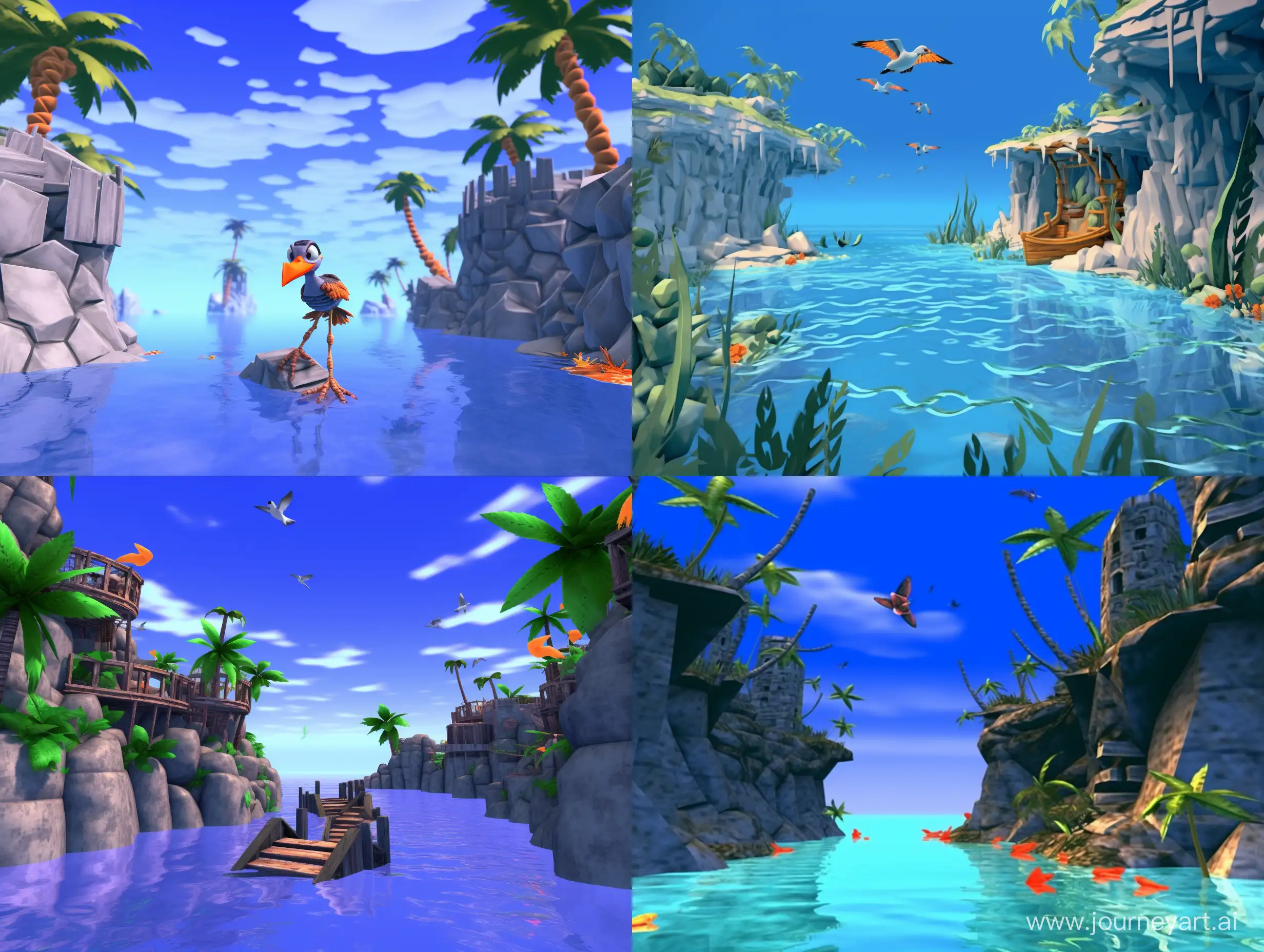 style of a playstation 1 game from 1998. seagull in the style of crash bandicoot underwater level, crt, grainy, scanlines, slight blur, little bloom, polygonal, low resolution