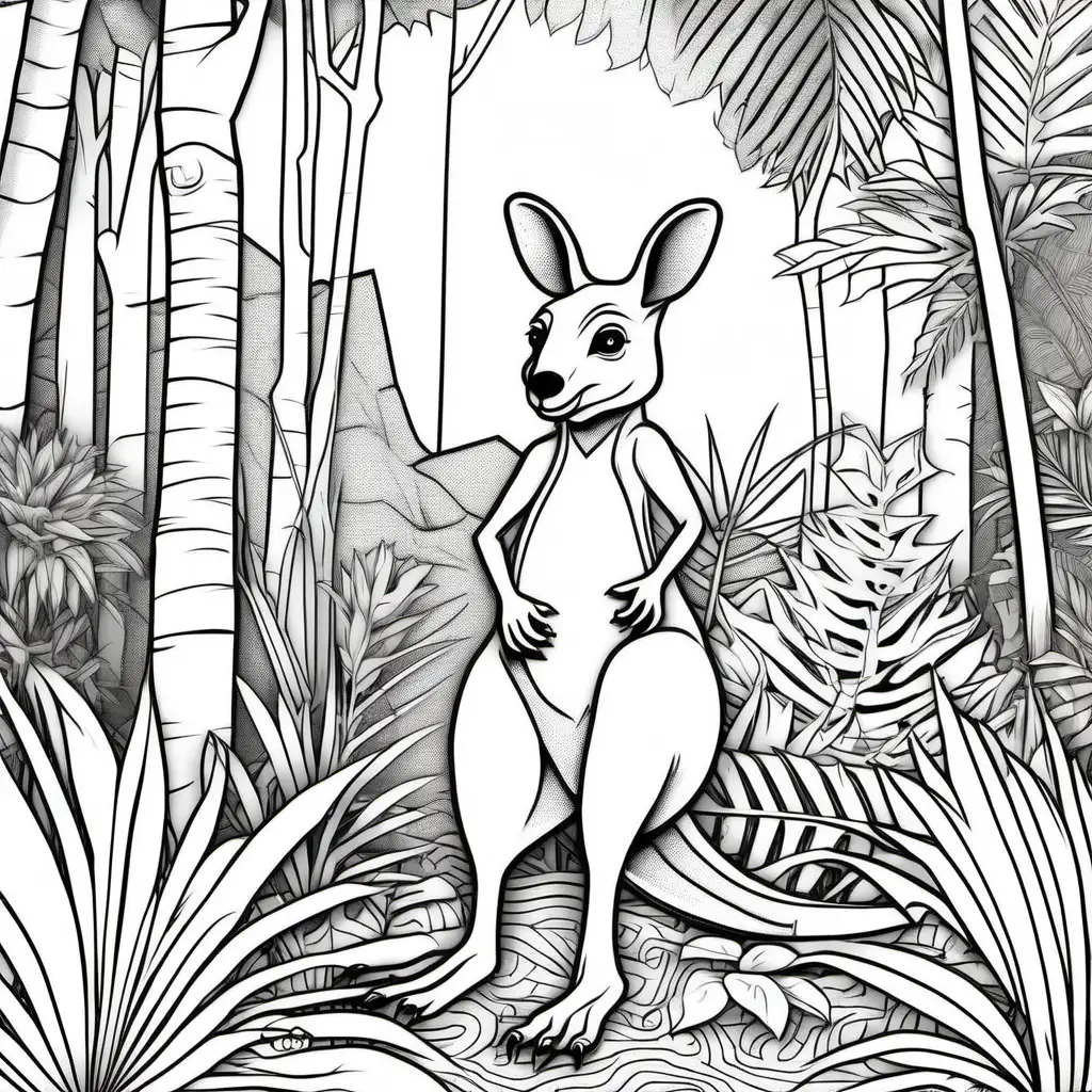 /Imagine colouring page for kids, Kangaroo rex in a jungle, Thick Lines, low details, no shading --ar 9:11