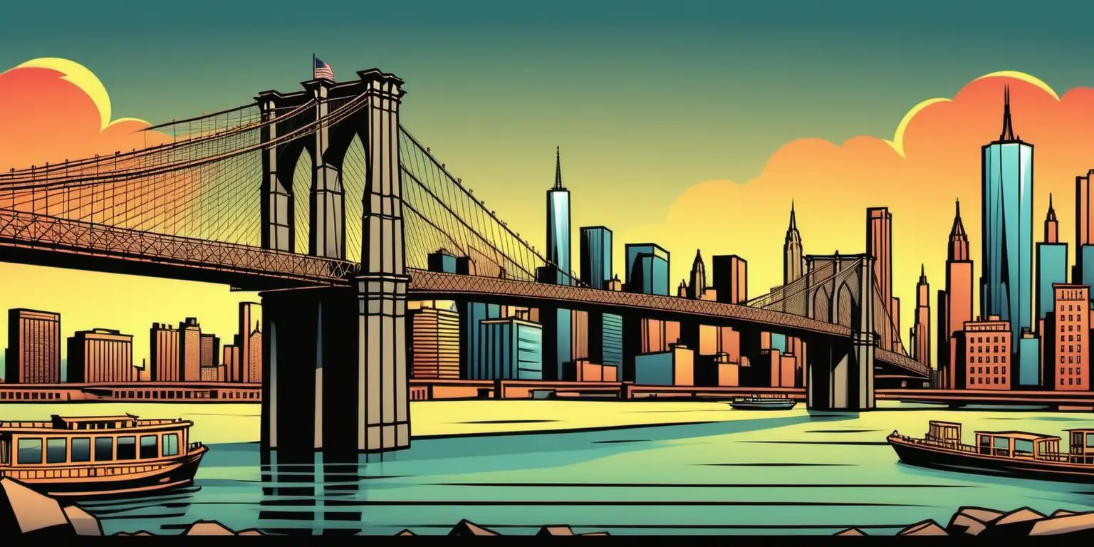 Vibrant Cartoon Illustration of the Brooklyn Bridge