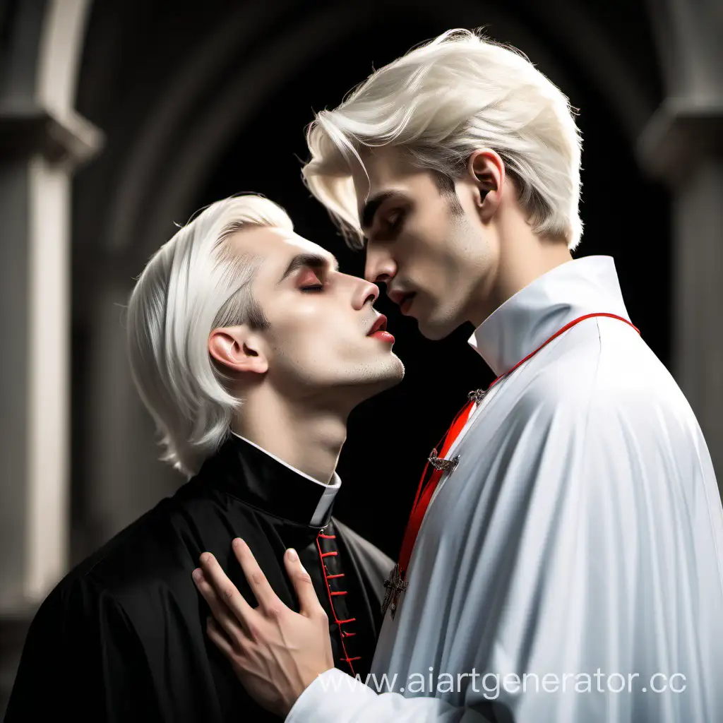 a young well-groomed guy, a priest, warm blond short curtains hairstyle, He wears a cassock, He gently kisses vampire guy with shoulder-length white hair