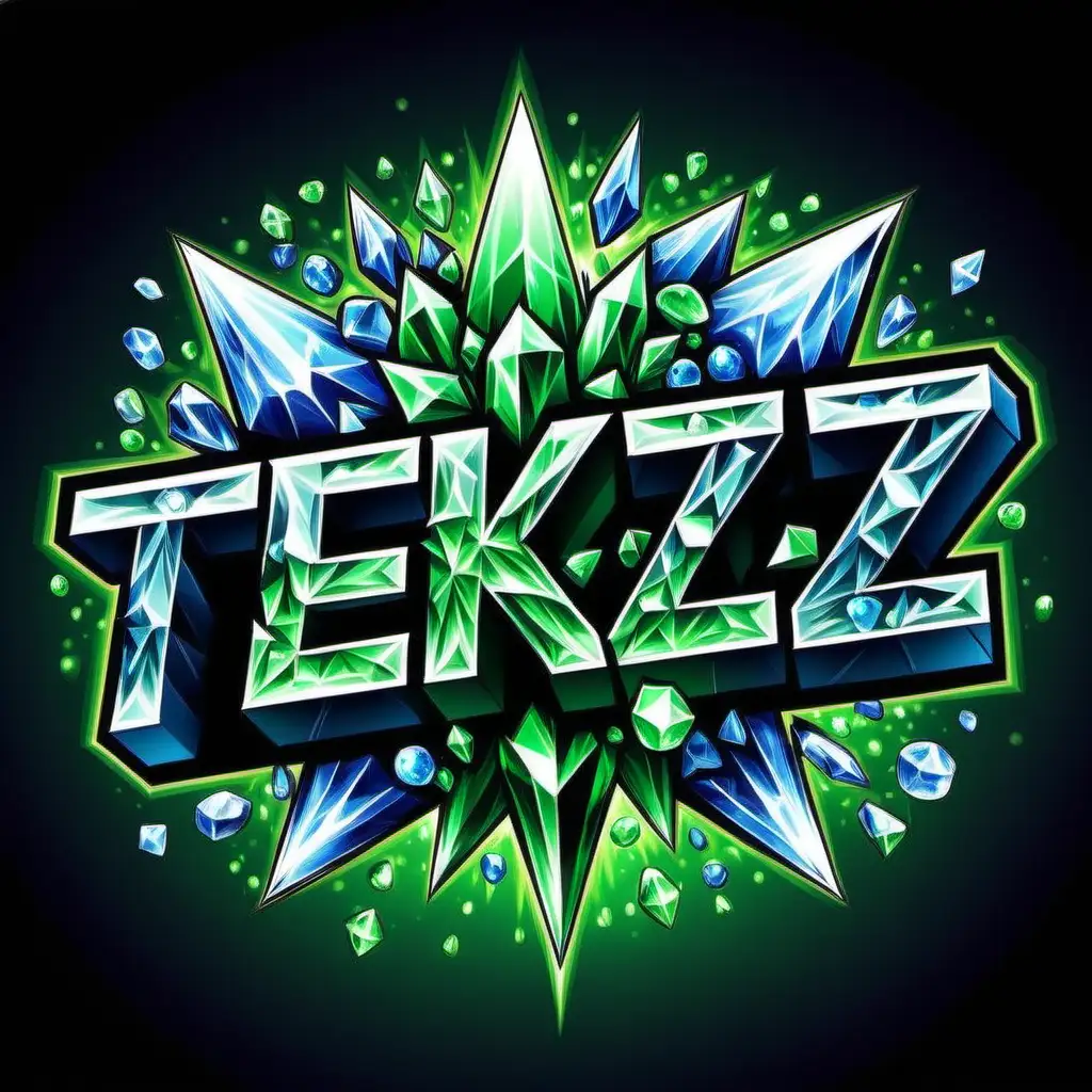 Make me a logo. It should be 177 pixels wide and 130 pixels high. It should have the Text "T E K Z" in the middle and around that there should be cristals which explodes. the Main colour should be green
