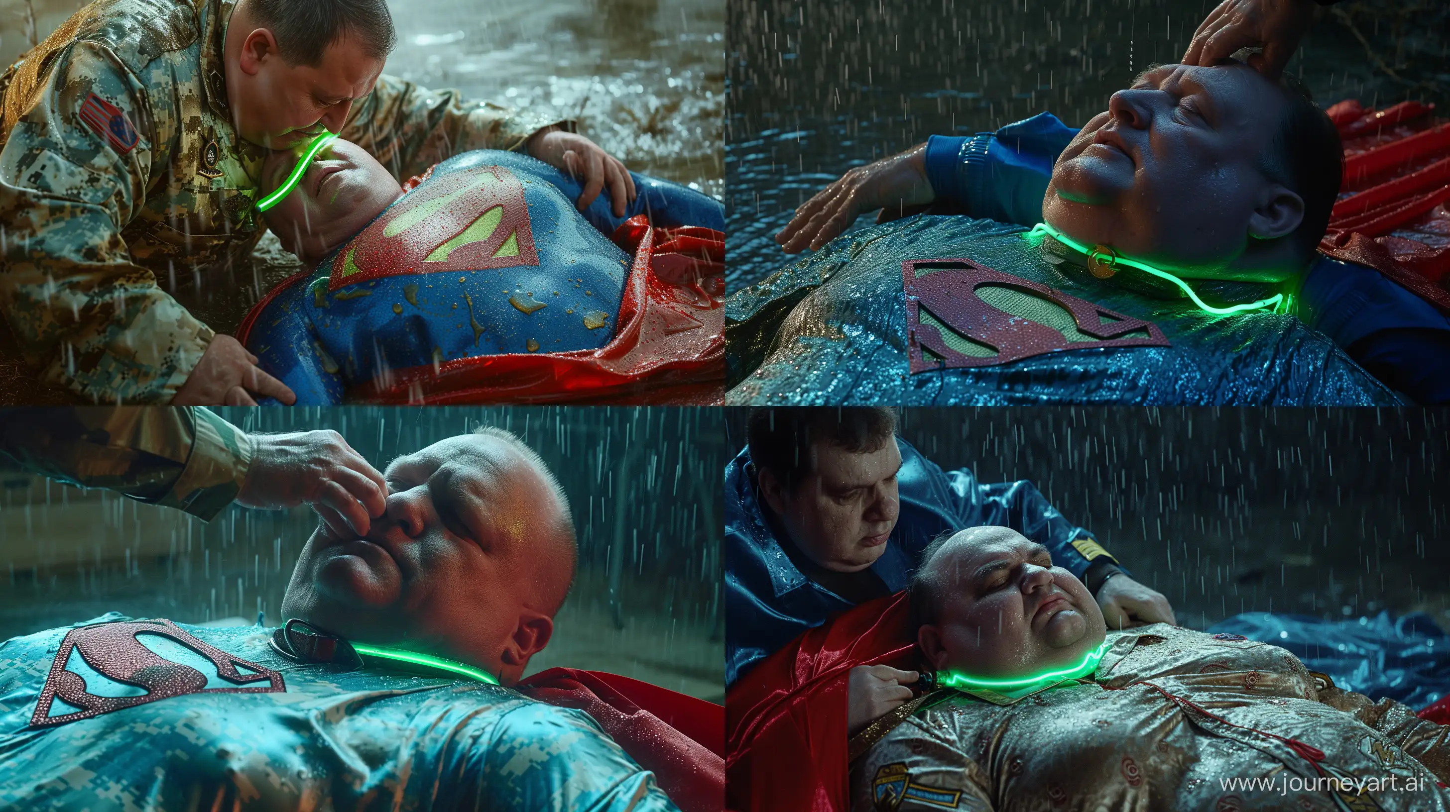 Close-up photo of a fat man aged 60 wearing a silk military uniform. He is tightening a tight green glowing neon dog collar on the neck of a fat man aged 60 wearing a tight blue 1978 smooth superman costume with a red cape lying in the rain. Natural Light. River. --style raw --ar 16:9
