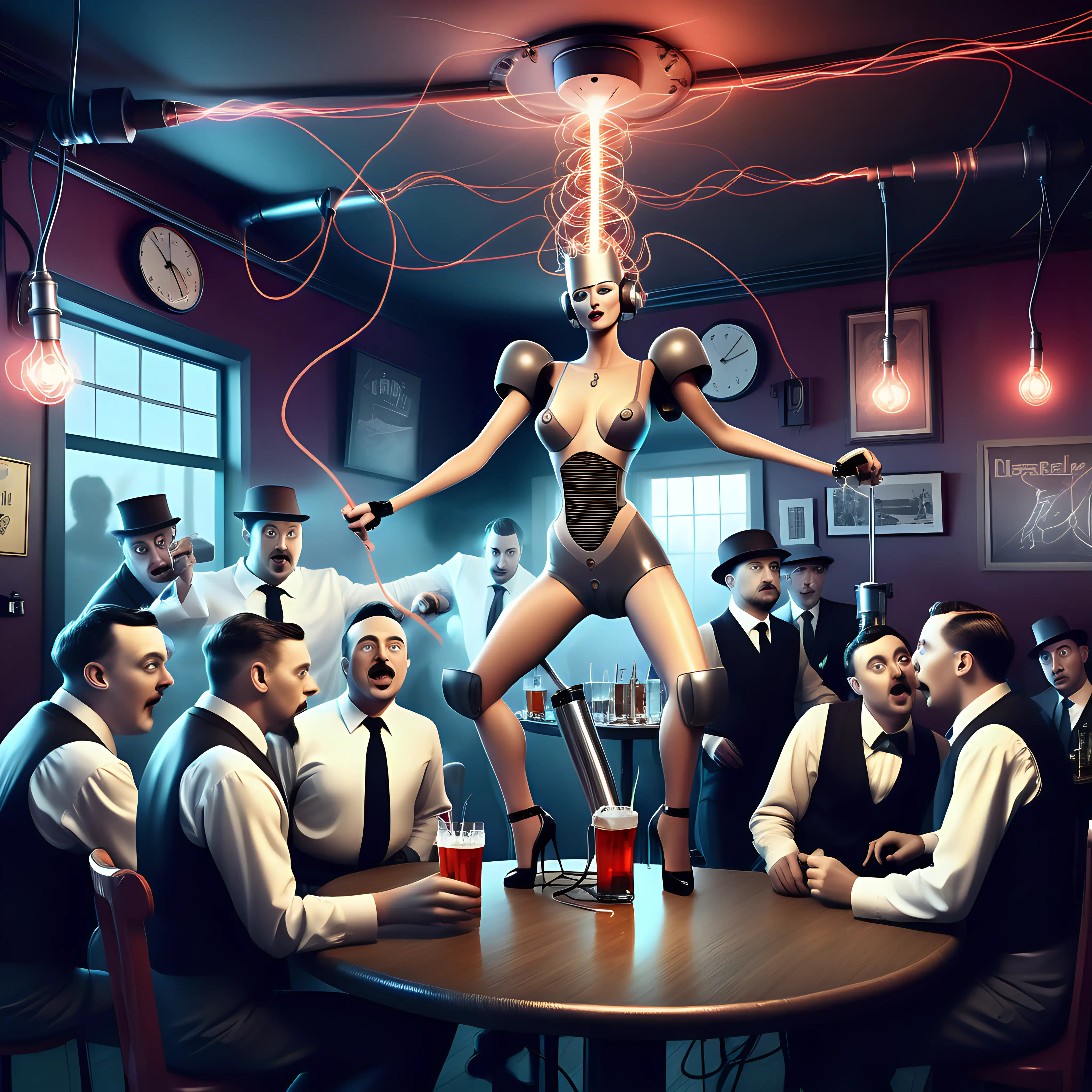 Dali style surrealistic image of a party of drunk electrical engineers in a pub with a tesla coil. A sexy industrial robot performs a pole dance.