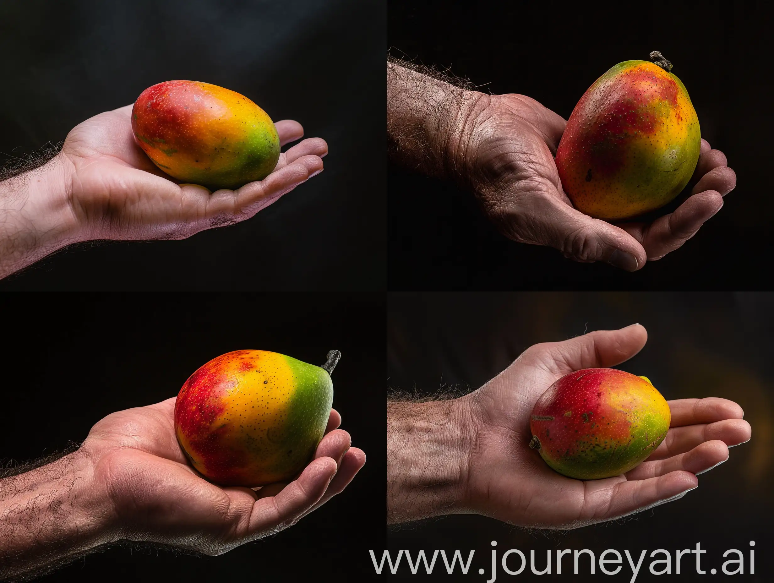 mango in a man's hand on a black background