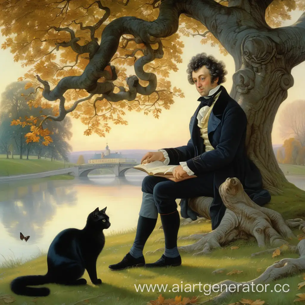Poetic-Encounter-Pushkin-and-His-Feline-Companion-by-the-Enchanted-Oak-beside-the-Meandering-River