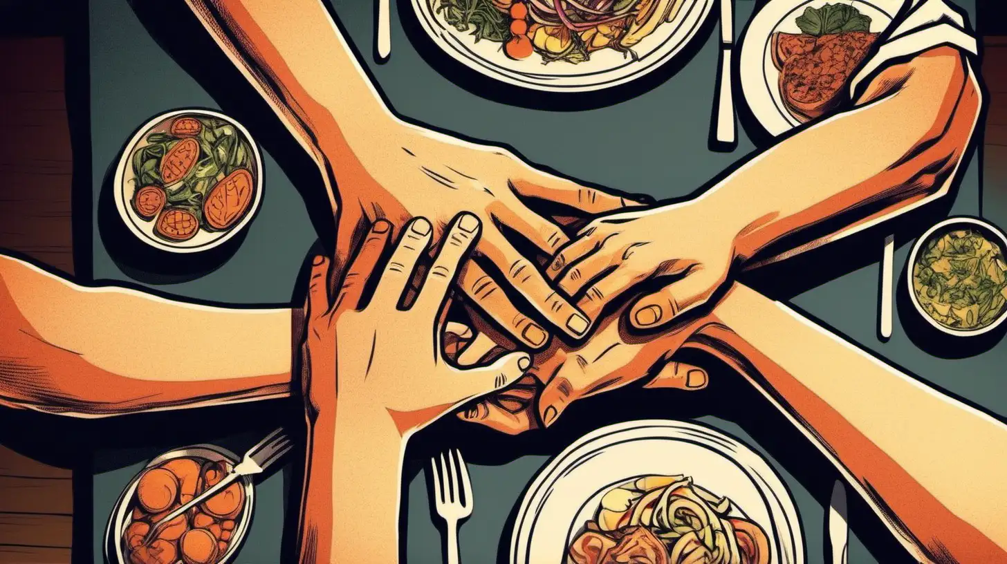 illustrate  family  holding each other's hands, closeup to hands, at dinner table , nighther, 