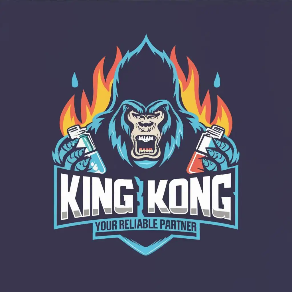 logo, ANGRY BIG Gorilla FIRE BLACK small blue eyes pharmacy drugs, with the text "King Kong
Your reliable partner", typography, be used in Medical Dental industry