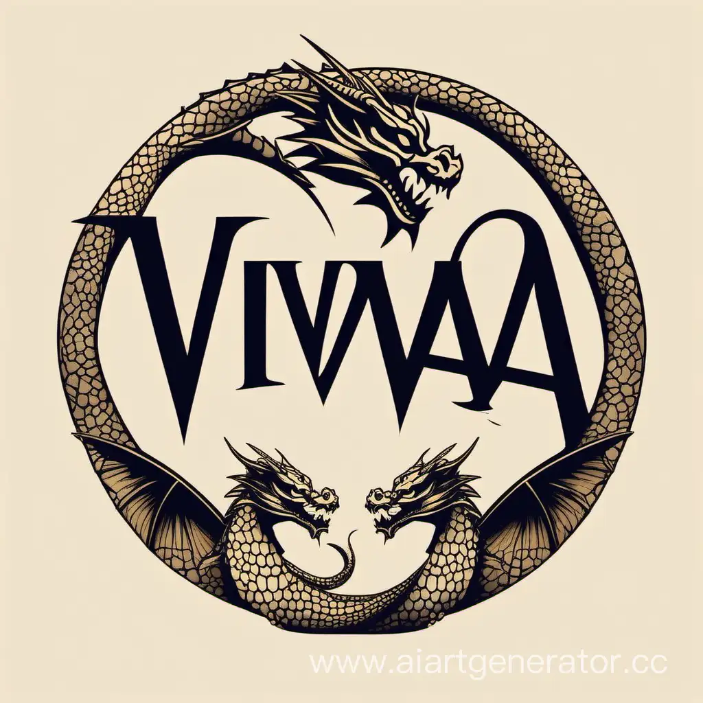 The logo, called VIVA. 2 dragons are wrapped around the letters. Cinzel Decorative font. Minimalism