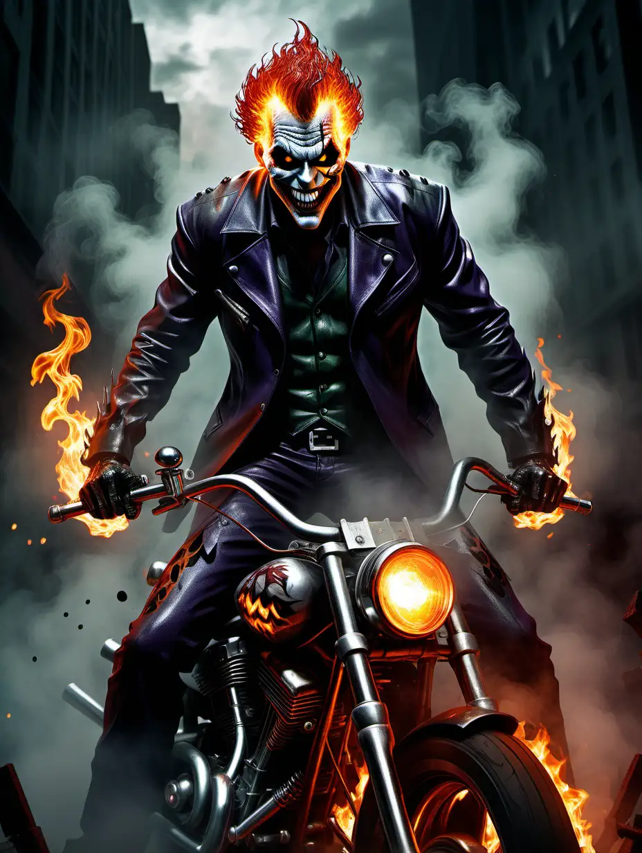 A figure rises from the dark depths, mixing the features of a Ghost Rider and the madness of the Joker. His fiery eyes sparkle through the fog, and the smile on his face reflects madness and danger, ready to engulf the world with its dark influence.
