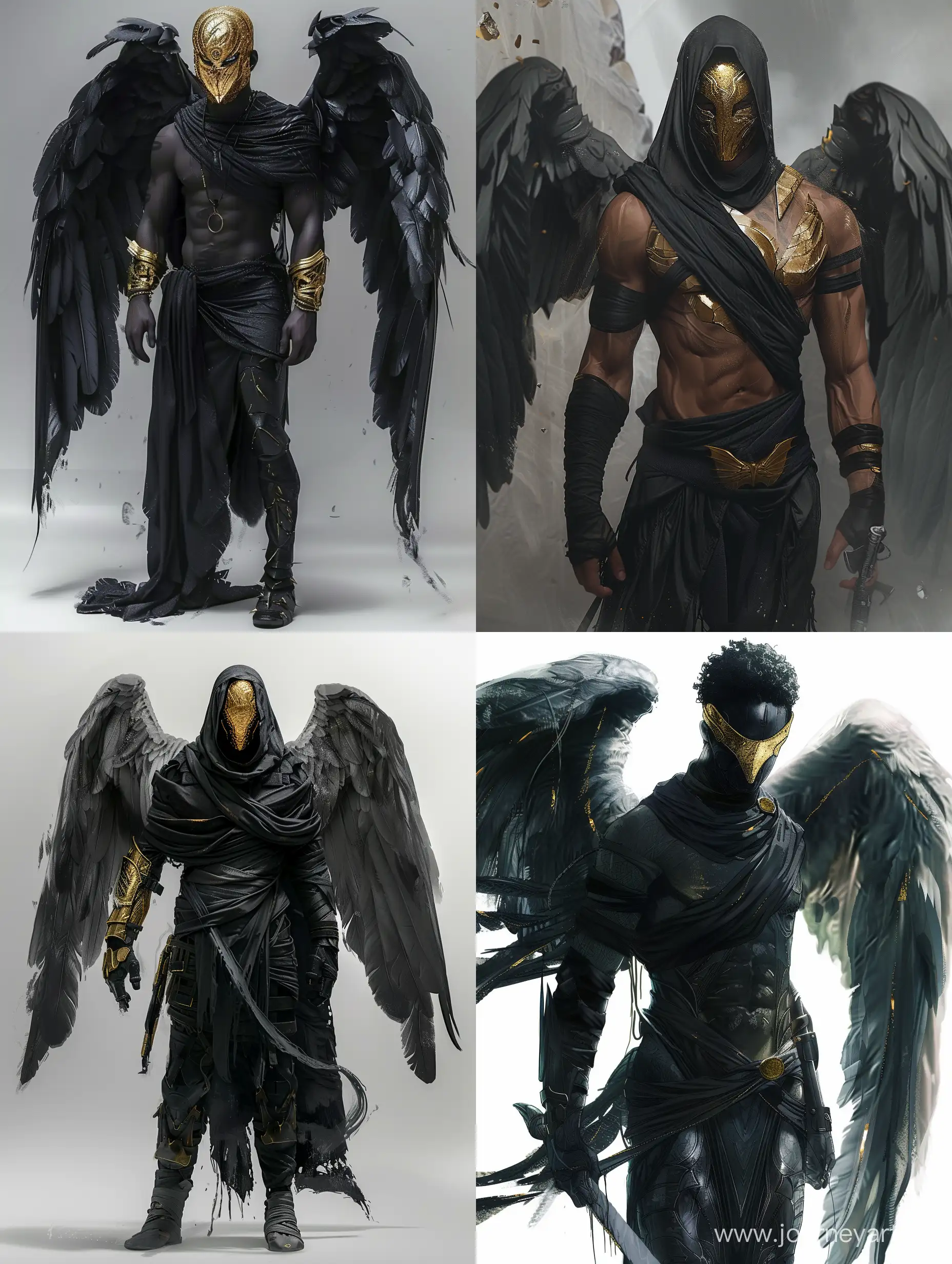 concept art, sci - fi male hunter full body character concept, dark angel, black wraps, wings, gold mask,  , insane detail