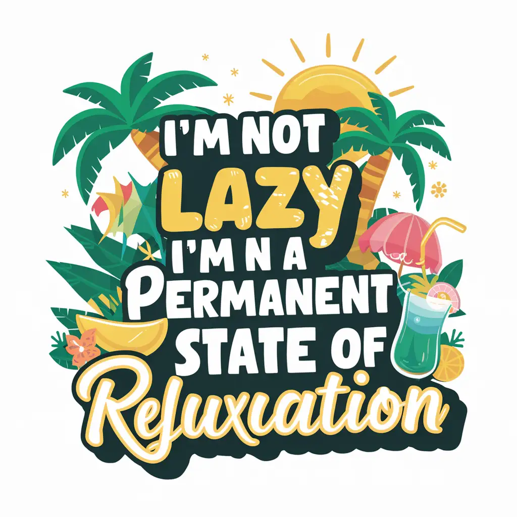 2d flat design in the style of Tropical and summer vibes with typography text ( I'm not lazy, I'm in a permanent state of relaxation )