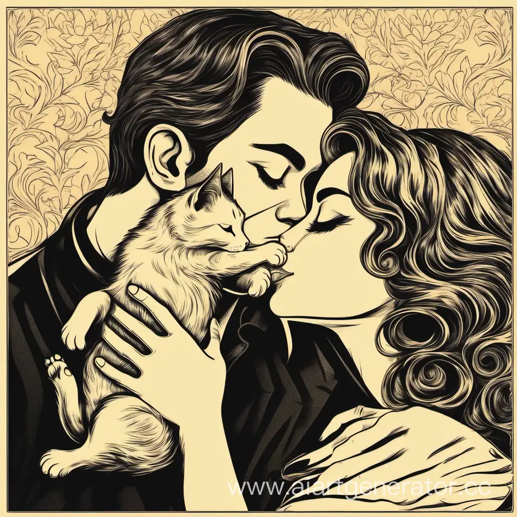Красивую женщину целует мужчина и кот