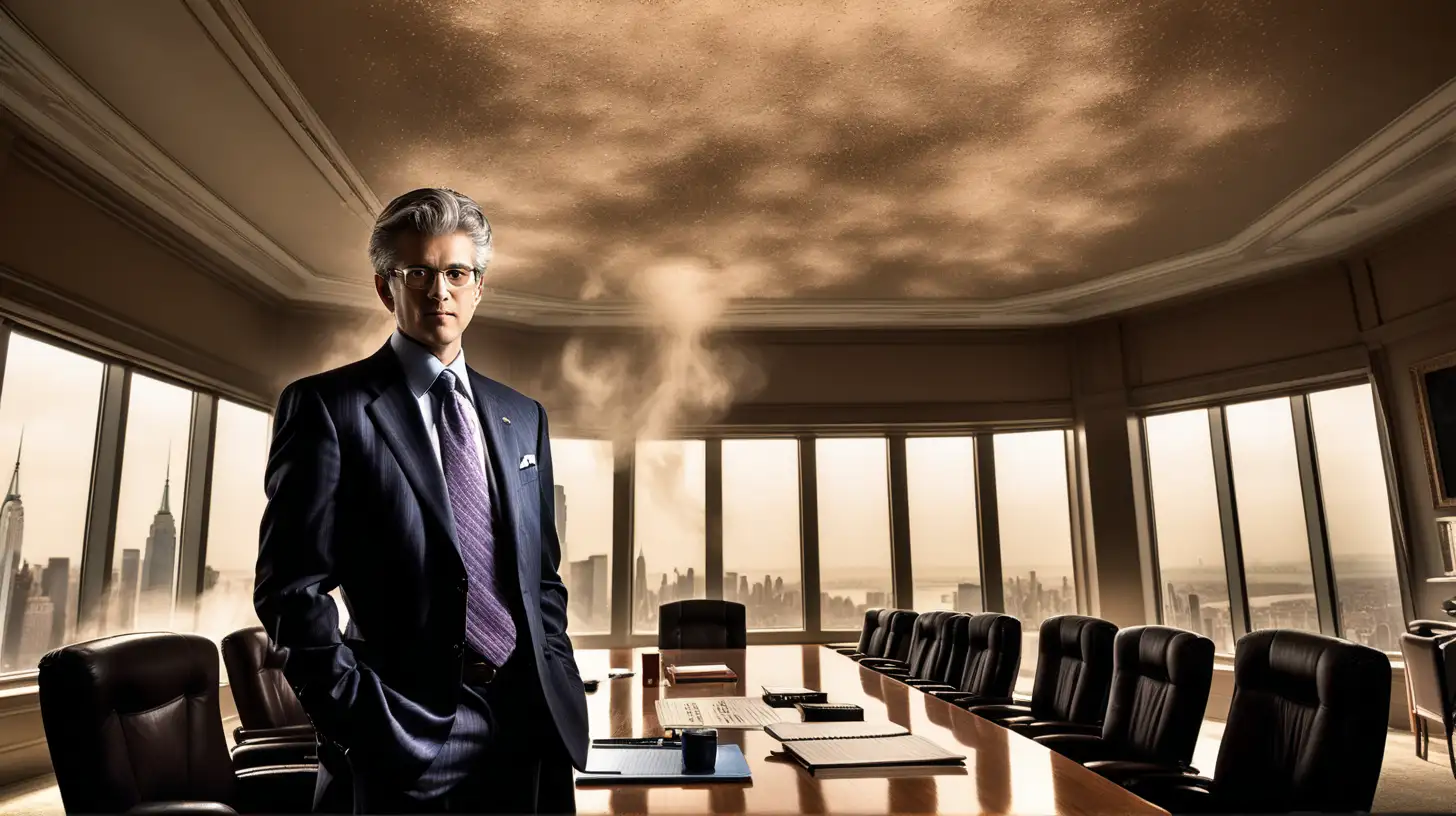 Dr bell, math prodigy, ceo, Wall Street, financier, cunning, in his manhattan boardroom, manga, atmospheric dust, dramatic lighting, hyper realistic