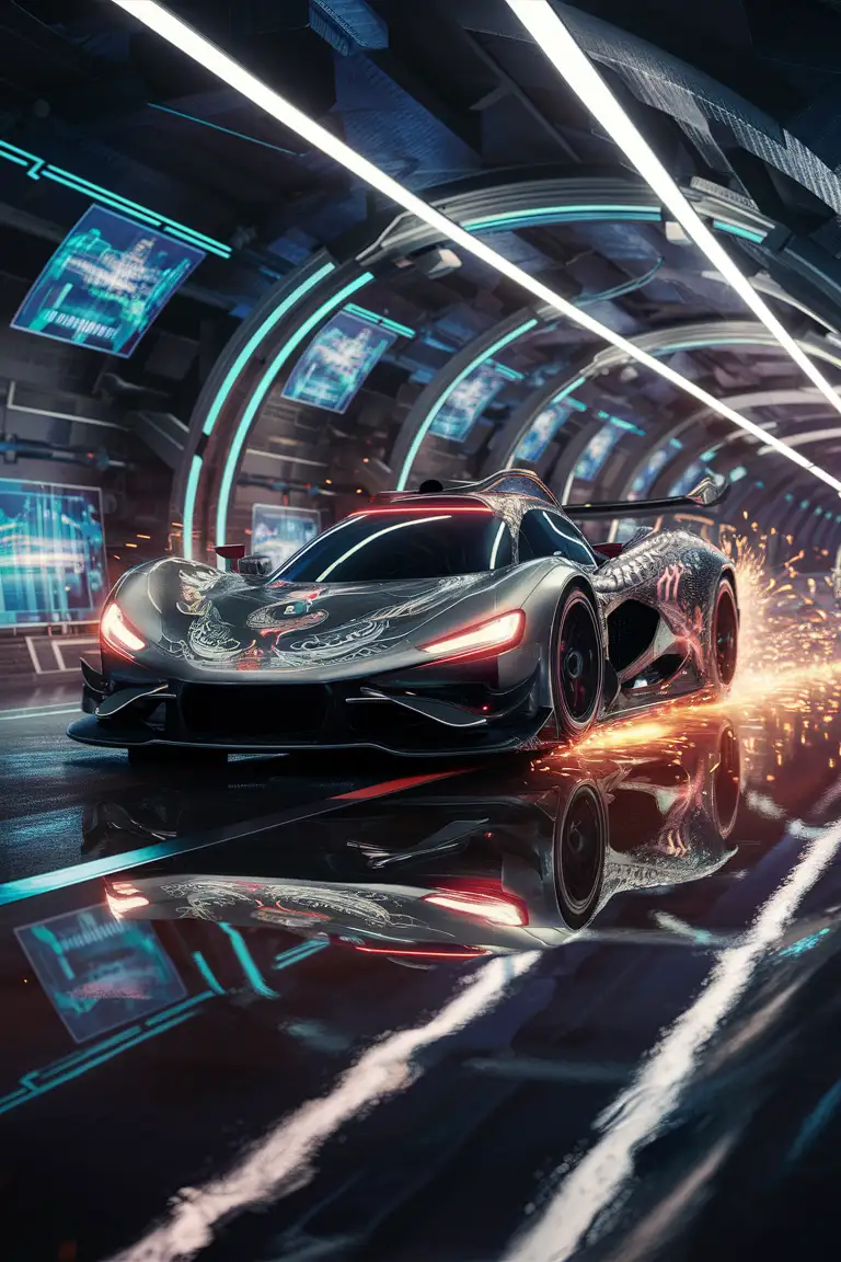 Future technology, the racing car with Chinese dragon elements runs in a tunnel full of science and technology. The tires rub against the ground and sparks. The whole fire is shining. There are neon lights in the tunnel, and the surface of the track reflects the reflection of the racing car. 32k, uhd, 9:16