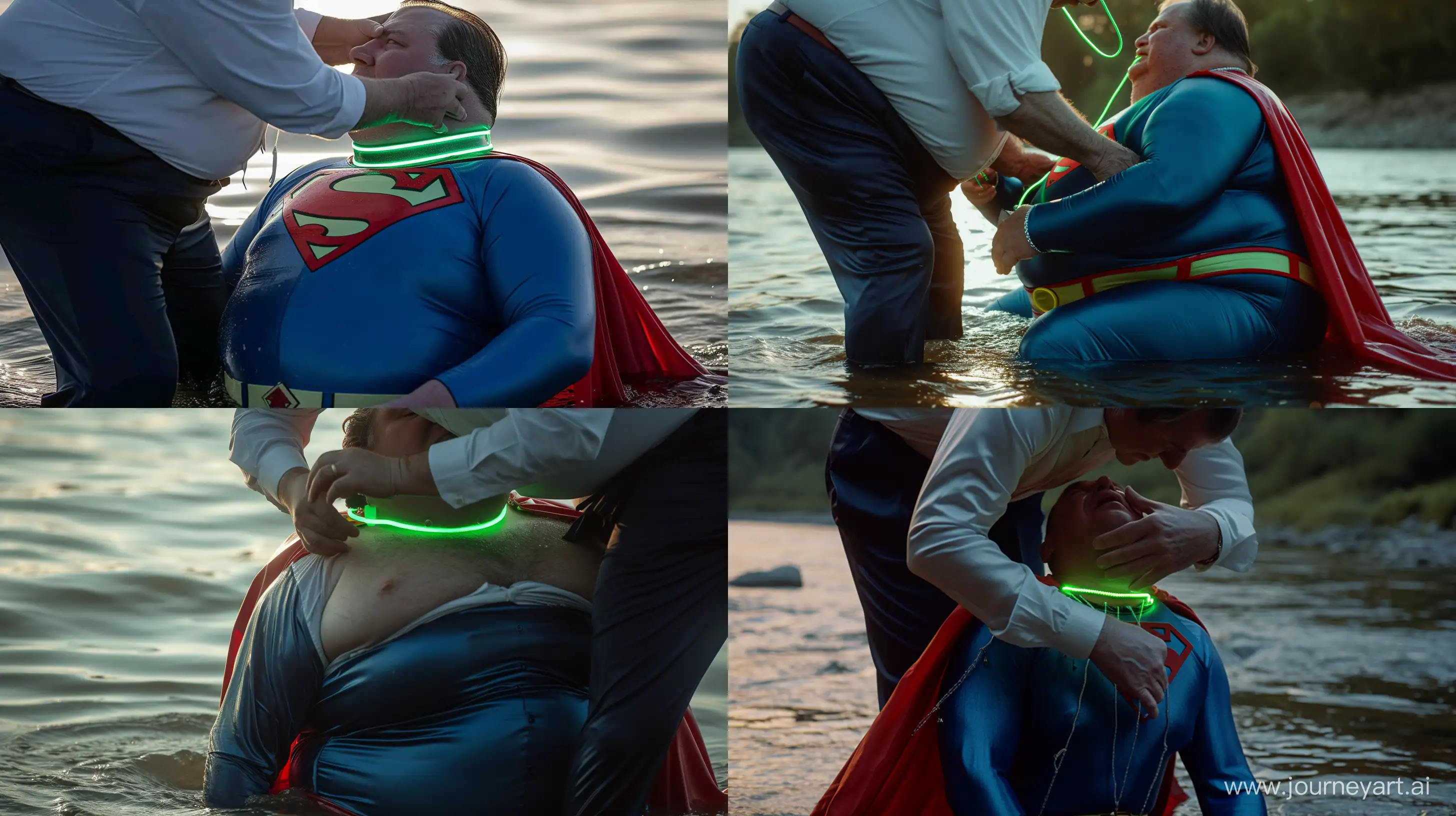 Close-up photo of a fat man aged 60 wearing silk navy business pants and a white shirt. Bending and putting a tight green glowing neon dog collar on the nape of a fat man aged 60 wearing a tight blue 1978 superman costume with a red cape sitting in the water. Daylight. River. --style raw --ar 16:9