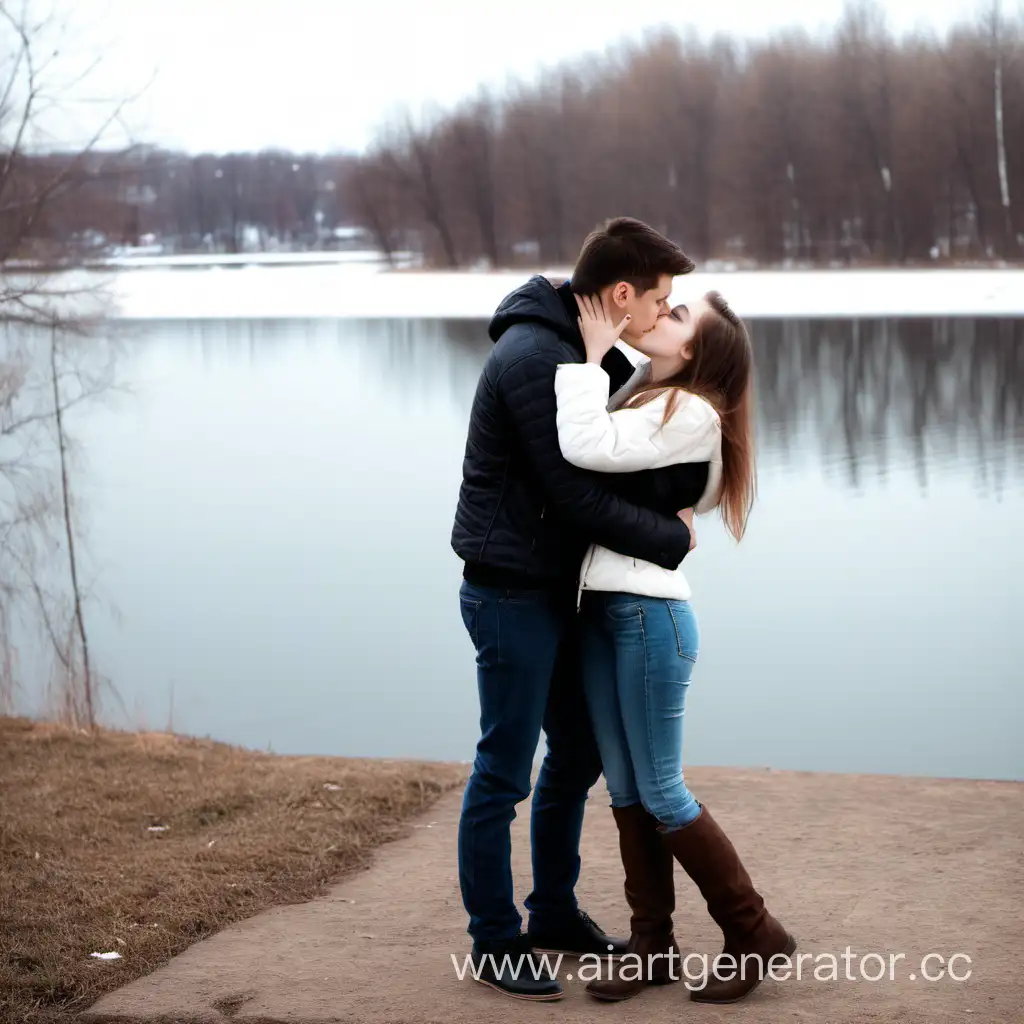 парень целует девушку у озера, холодно