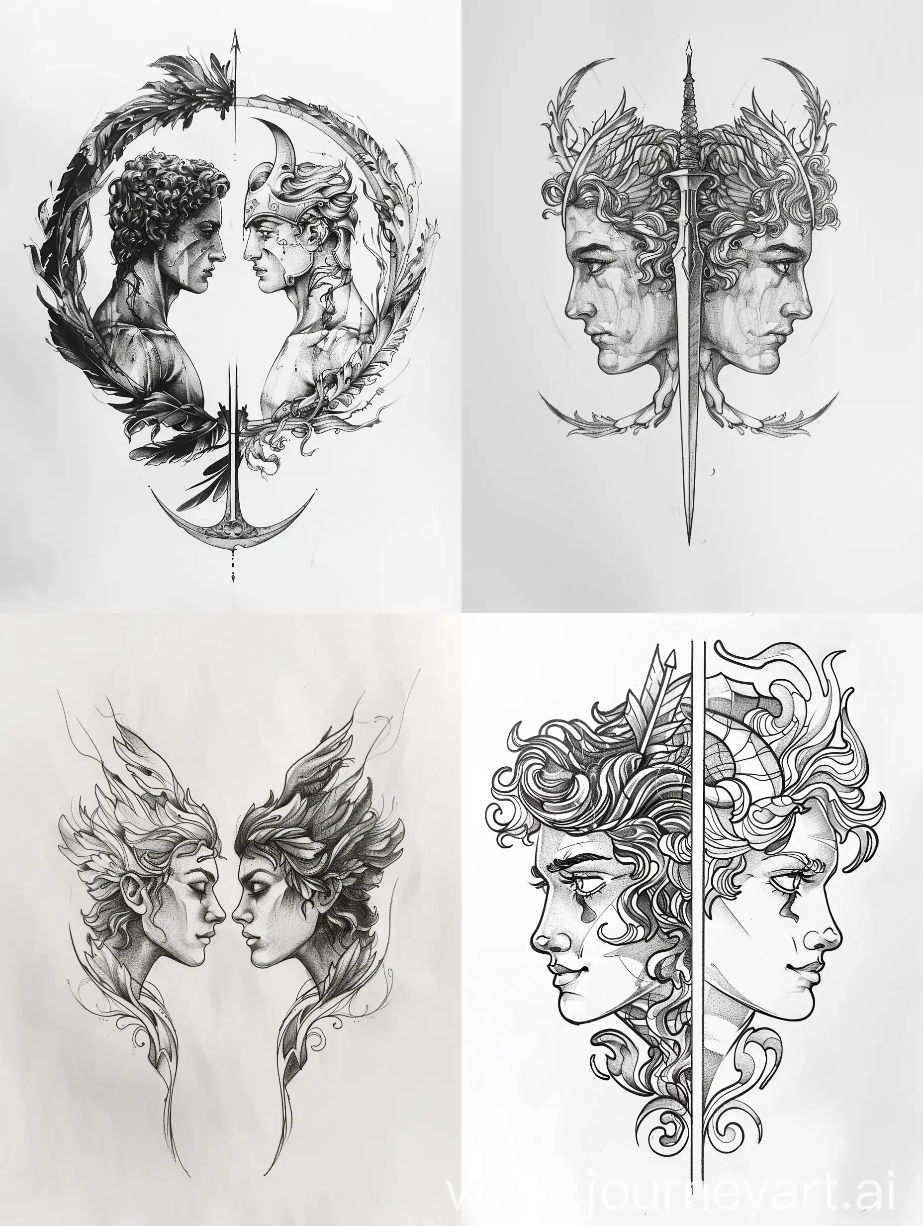 minimalist greek mythology, Apollo and Artemis twin on each side symmetry tattoo design sketch, white background, Good and Evil concept

