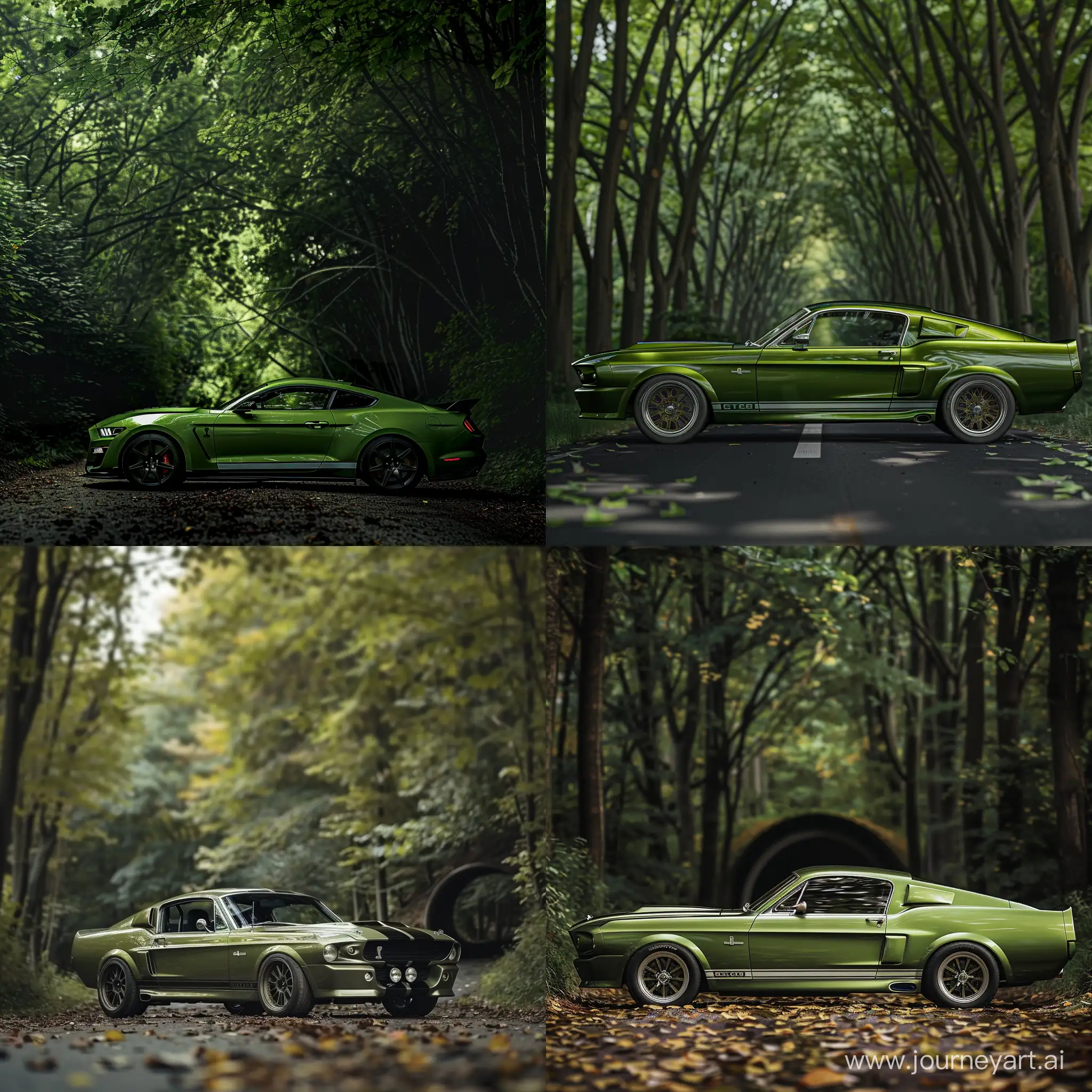 side front VIEW OF green mustang shelby , HIGH SPEED CAMERA PHOTOGRAPH, HORROR FILM LUT, TUNNEL OF TREES, SURREAL, green mustang shelby, HIGH RESOLUTION