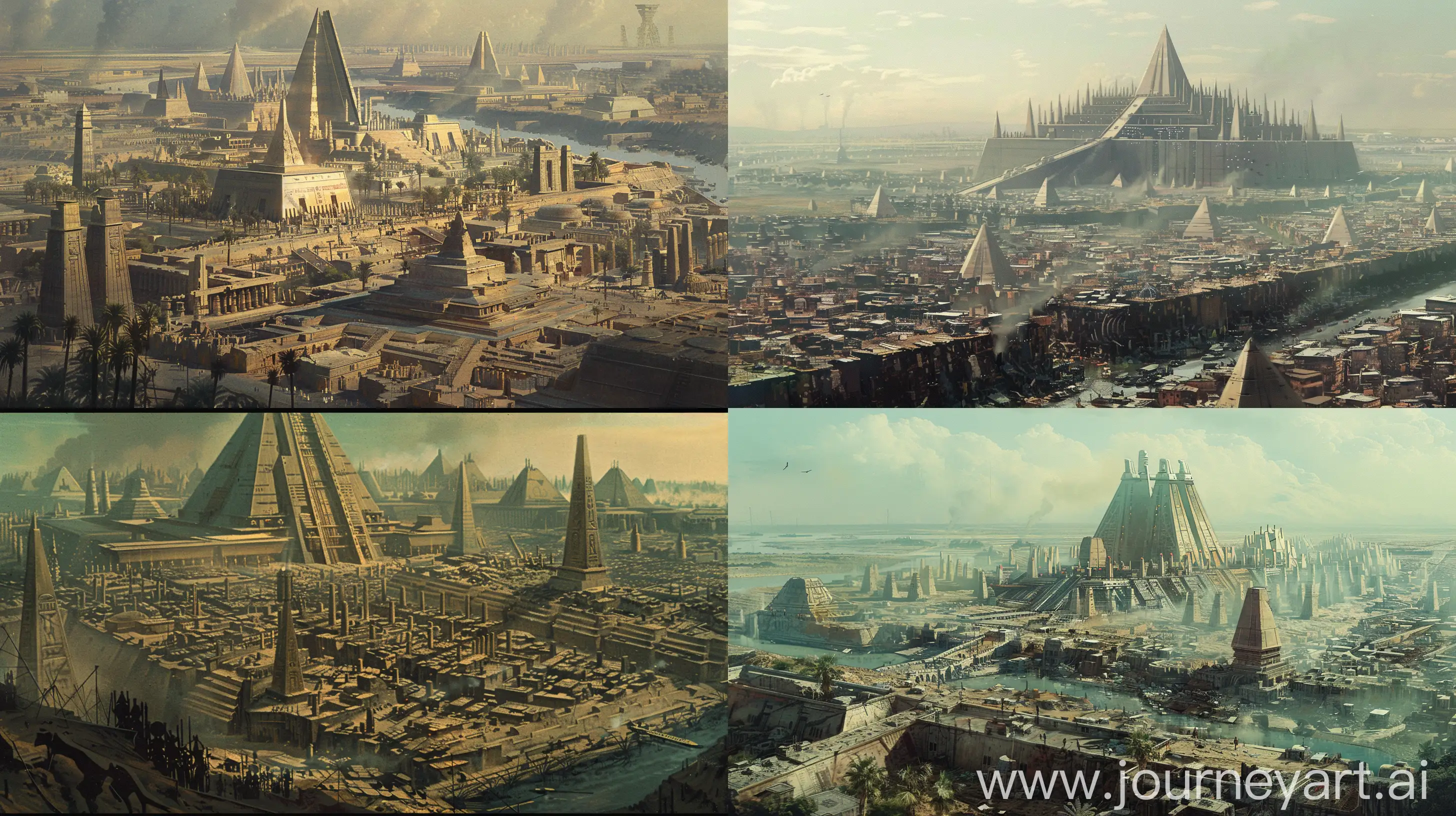 retro sci-fi concept art of far away view of a city of majestic pylon and ziggurat architecture surrounded by squalid slums. Ralph McQuarrie style. in color. --ar 16:9