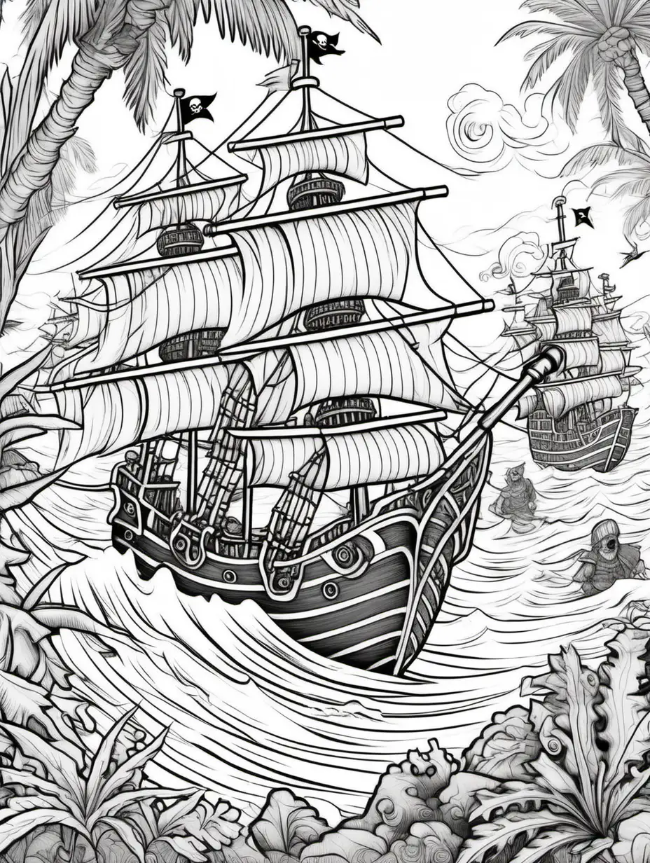creat an illustration style page for a coloring book, black and white , low detail, theme pirates pirat ships doing energetic dancing
, targeting boys ages 5 to12

