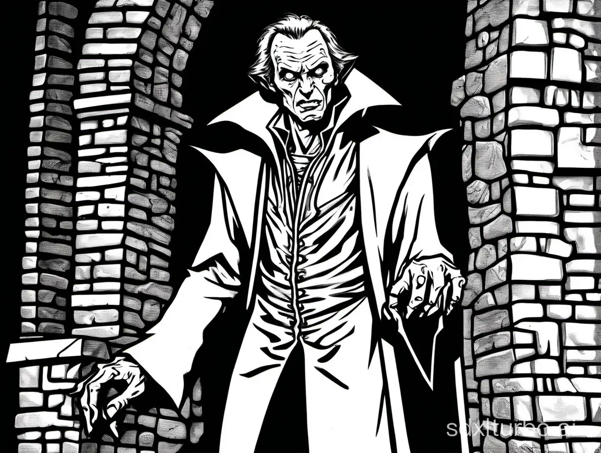 line art, a Lance Henriksen:vampire, at his castle, at night, impatient expression, dark and moody atmosphere, half body, 1bit bw, black border, style of 1991 Basic Dungeons and Dragons, by Terry Dykstra,