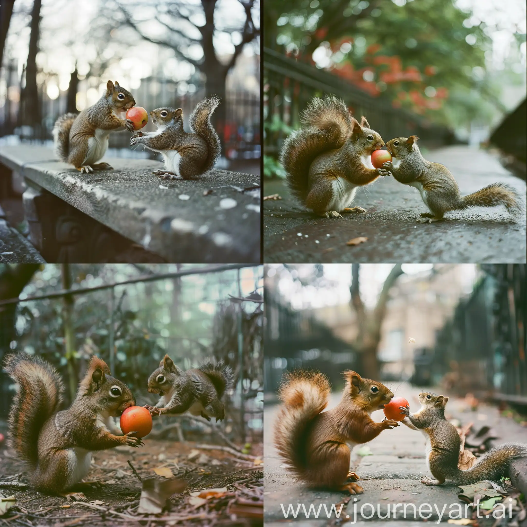 35 mm color negative, cinematic, moody, A squirrel gives an apple to a bird, shot on cinestill 800D
