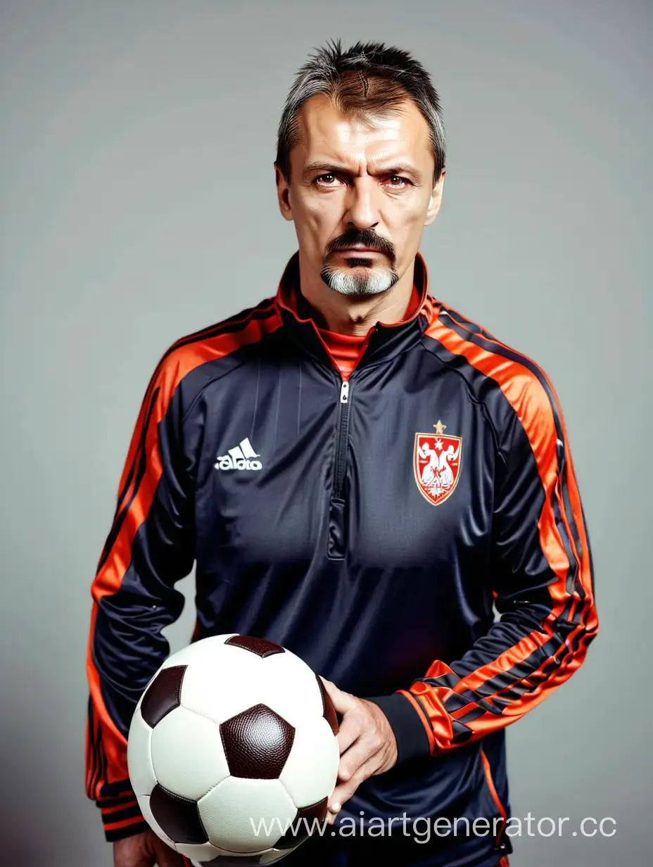 Русский Мужик 47 лет с короткой причёской с недельной щетиной это главный тренер футбольного клуба он одет в спортивный костюм это фотосессия 