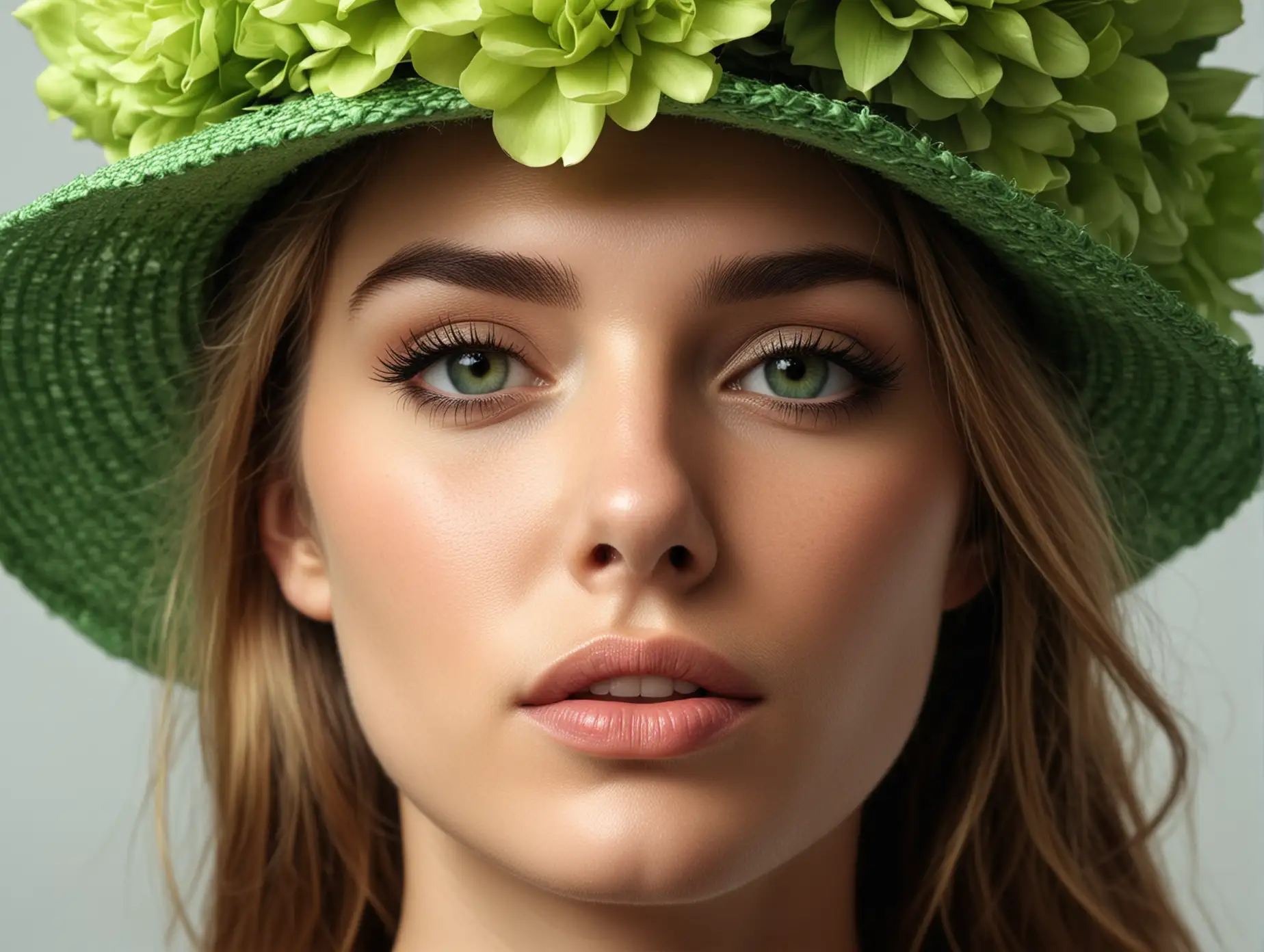 A model with green flower hat, on extreme closeup 