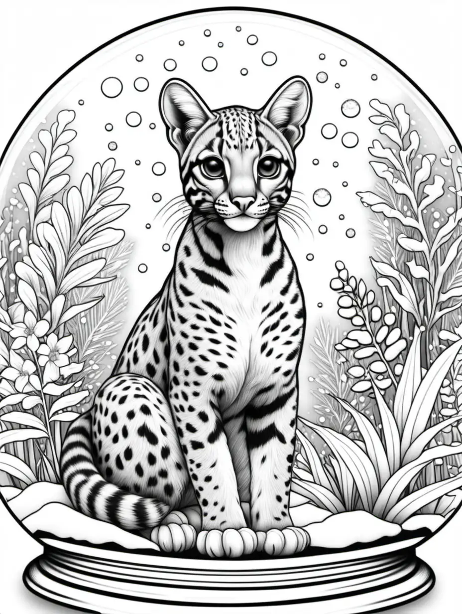 ocelot coloring book, snow globe framed, floral background, black and white, no shading, no background, thick black outline