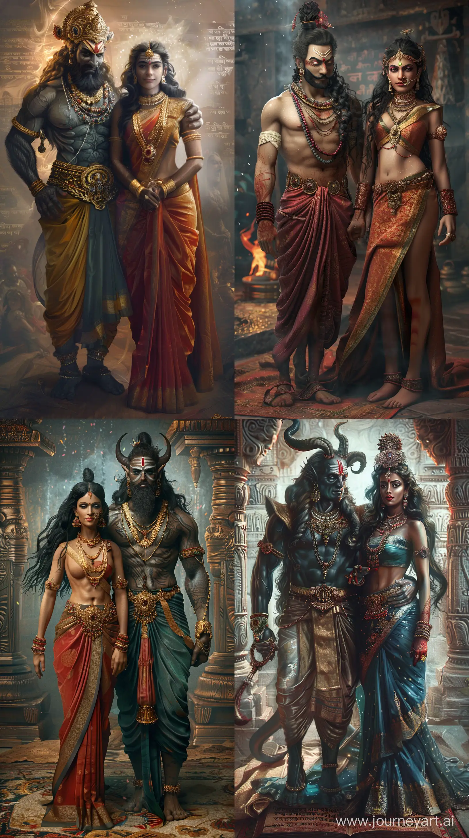 Brahmasura and Mohini standing beside each other, Hindu mythology, ultradetailed, photorealistic, divine aura, intricate jewelry, ancient scripture ambiance --ar 9:16 