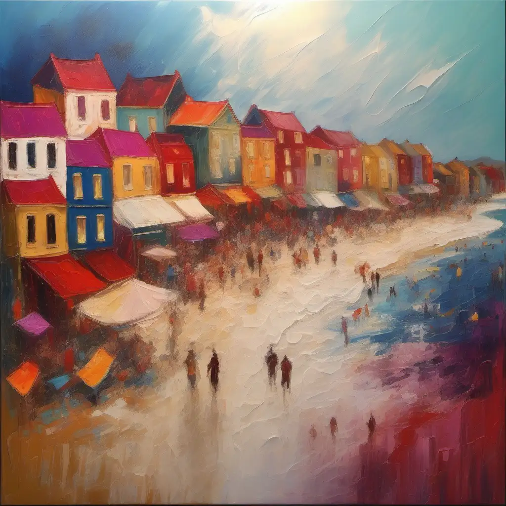 Impressionistic interpretation of a beach town landscape, vibrant colors and distinct brushstrokes, textured, atmospheric, tactile , layered, bipolar, the story of a beautiful mysterious woman , soft outline, details of gold and rubies