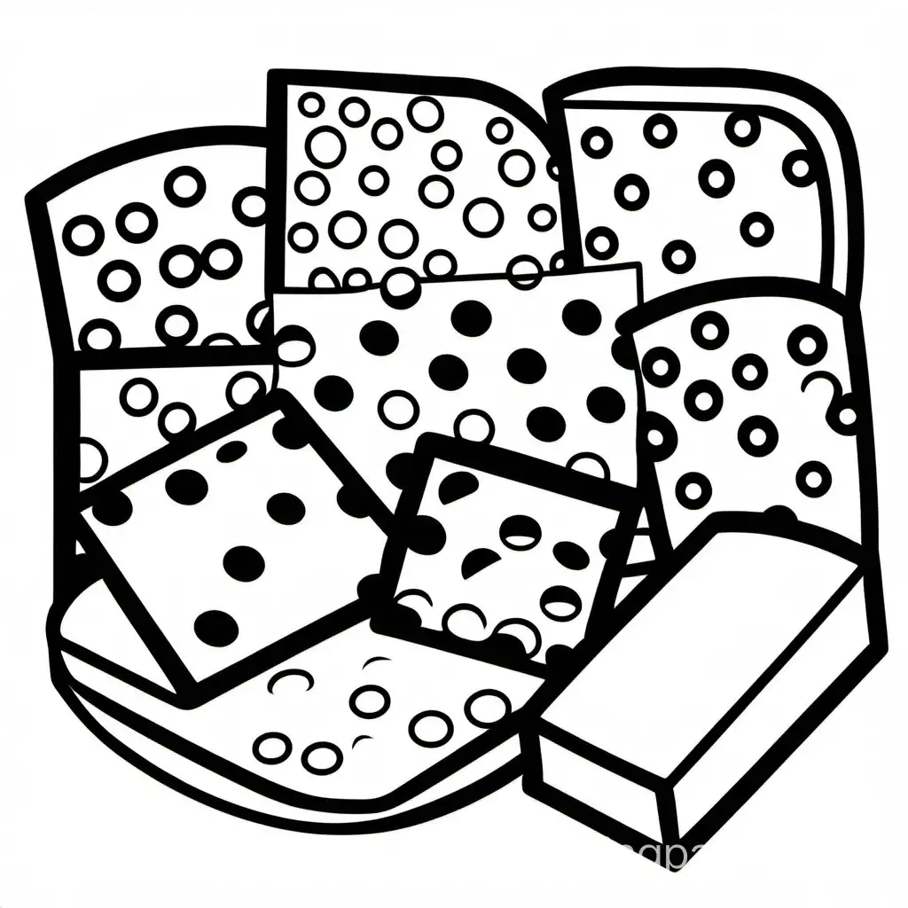 Cheese crackers bold ligne and easy, Coloring Page, black and white, line art, white background, Simplicity, Ample White Space. The background of the coloring page is plain white to make it easy for young children to color within the lines. The outlines of all the subjects are easy to distinguish, making it simple for kids to color without too much difficulty