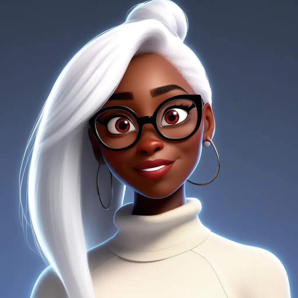 /imagine the Disney Pixar picture style of a sexy smart 40-year-old black lady, with stunning white straight  hair shoulder length, beautiful almond shape black eyes, looking straight into the camera, an authentic and smart personality, wearing red frame glasses, a white turtleneck and jeans, athletic body front facing, with sad face, character sheet white, and white background, with black running shoes, standing up straight