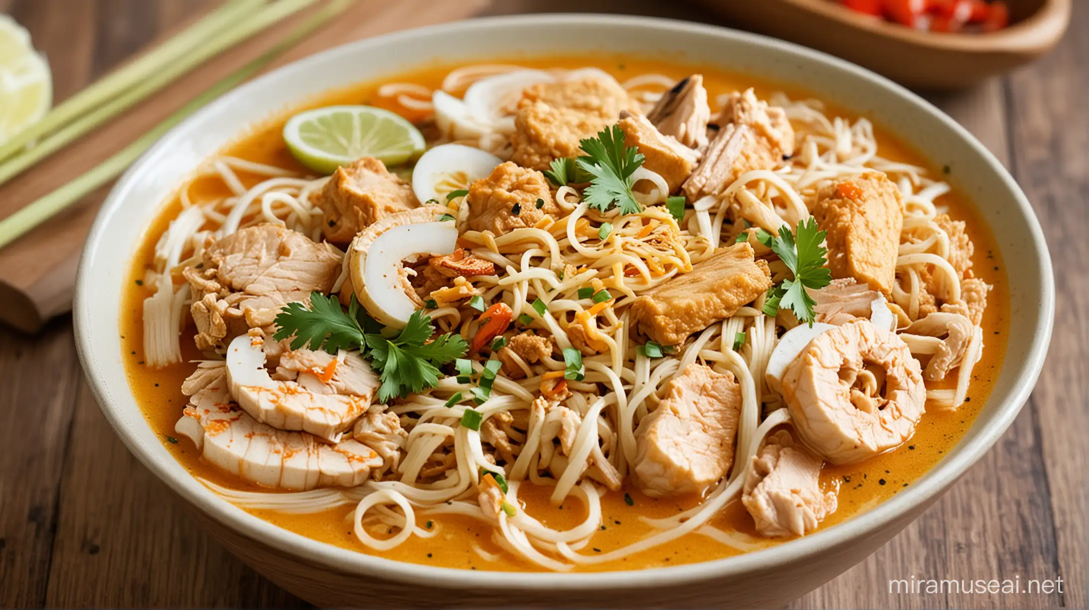 Malaysian Laksa: A colorful bowl of laksa with soft fried noodles, soaked in a broth made from lemongrass, ginger, onions and coconut milk, accompanied by chicken or seafood, creating a rich and delicious image of Malaysian cuisine.
