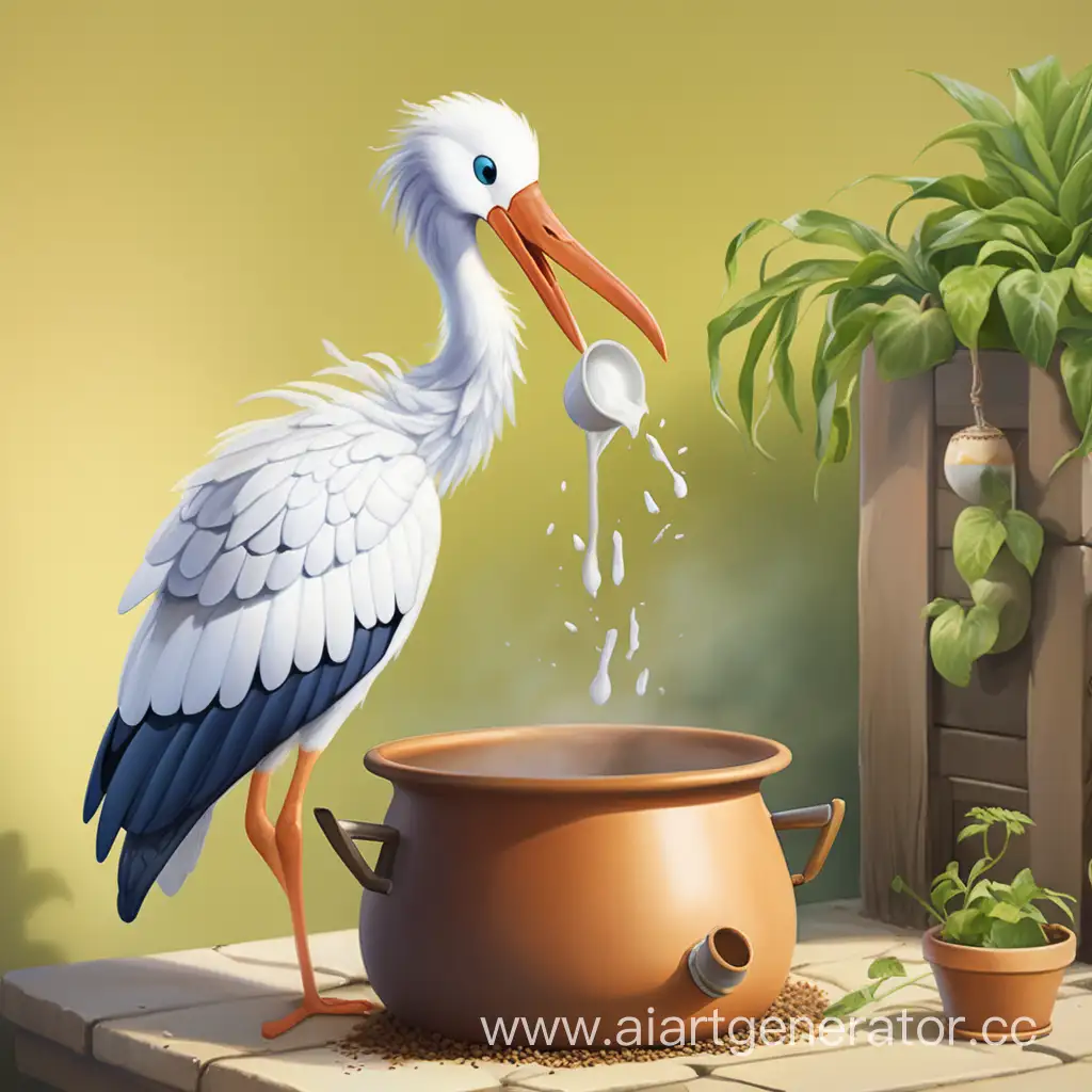 
the stork eats from a pot