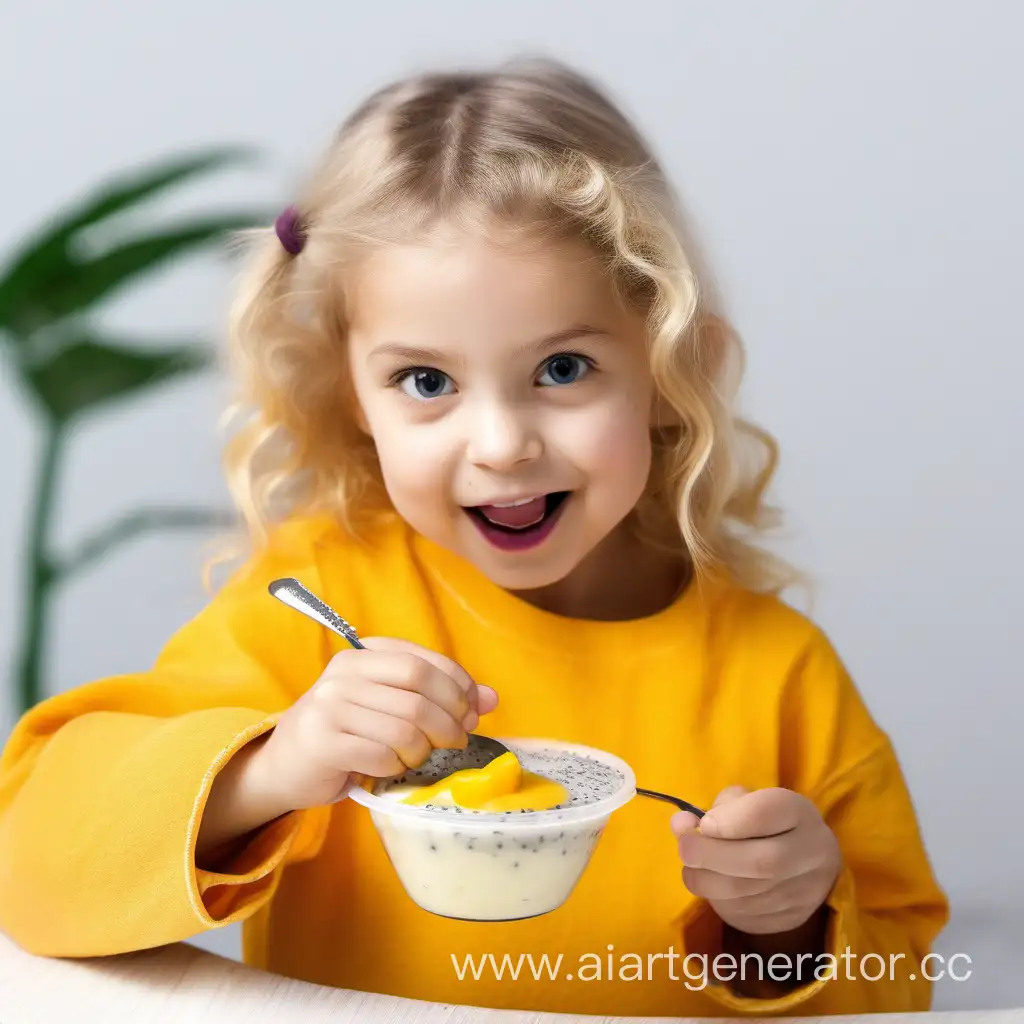 маленькая светлая девочка ест йогурт со вкусом манго и семенами чиа