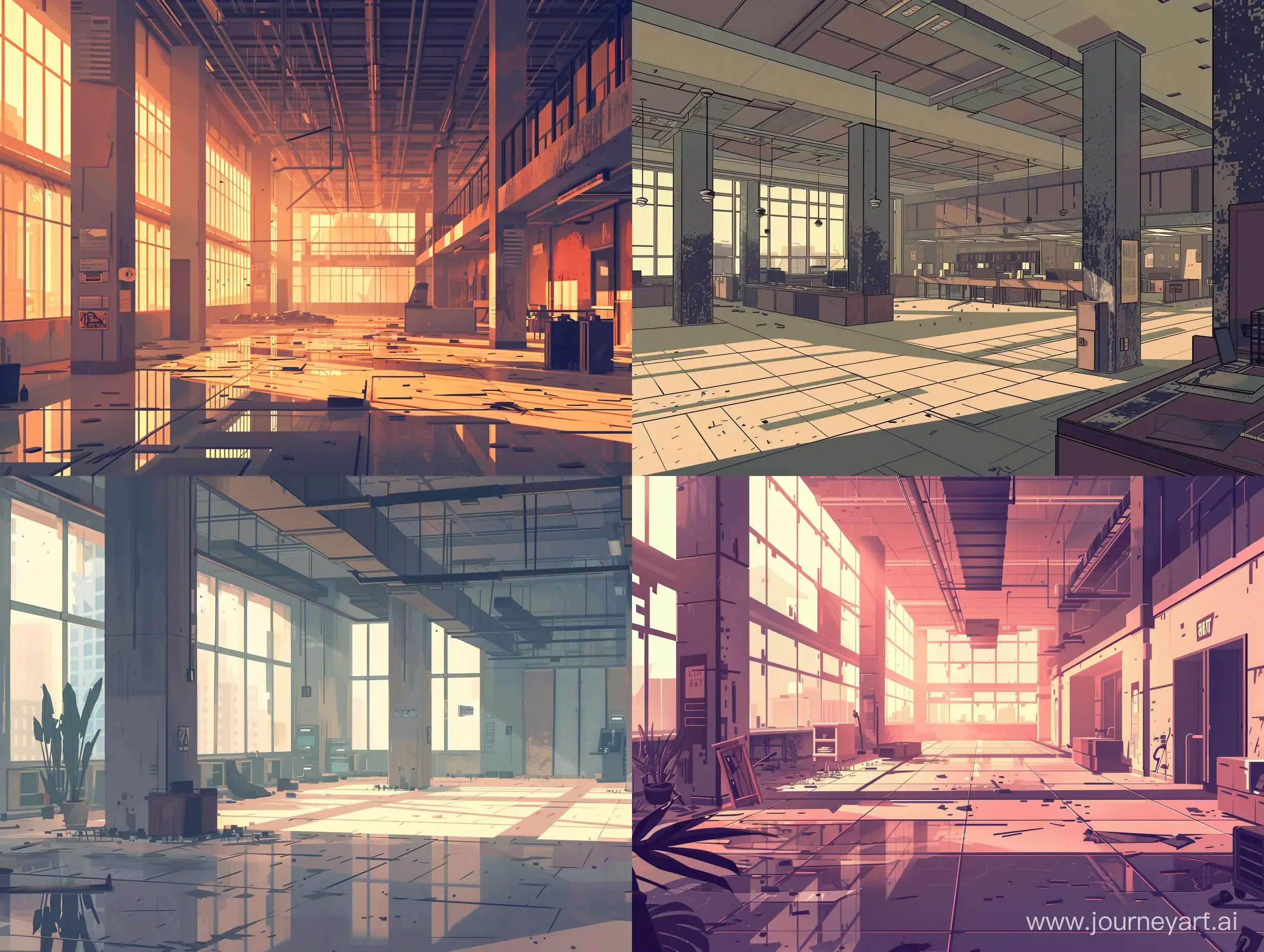 2d platformer, side view. 2d game of sprites drawn by Matt painting. floors, large scale, like an inside game. The genre is a post-apocalypse quest. The location is a large office space, an abandoned office. brutalist architecture. a gloomy post-apocalyptic atmosphere. the twilight. contrast and expressive textures pale shades, 8K, ultrarealism, unreal engine