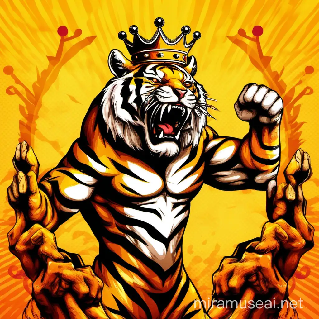 FIGHTING HAND GIANT TIGER AND CROWN WITH YELLOW ORANGE BACK GROUND