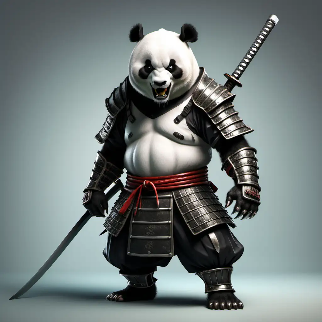 реалистичная злая панда мужского пола в самурай в шлеме с звериными лапами и звериным телом собой полный рост