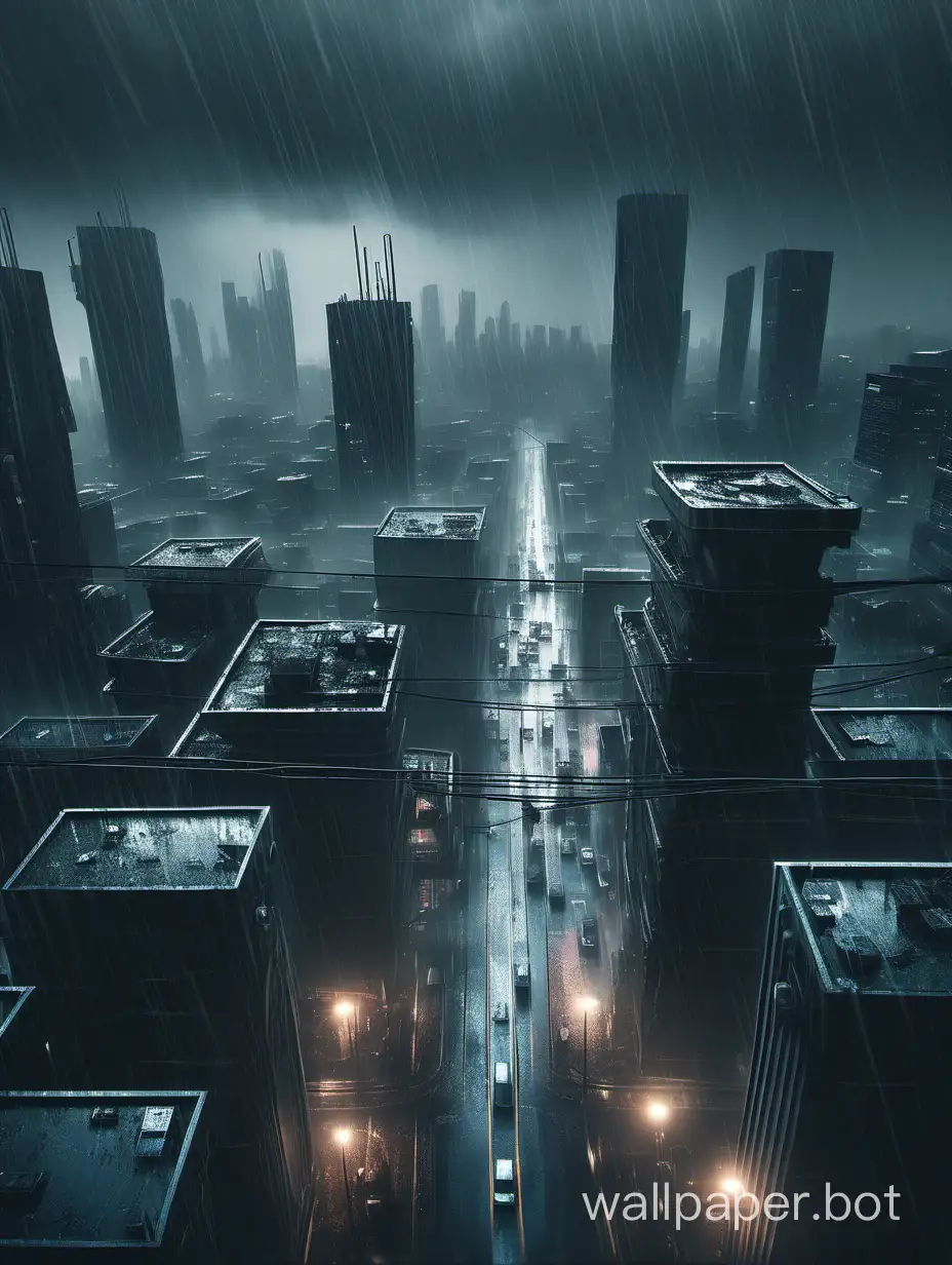 cyberpunk city, grey colors, rain, landscape, view from high pov, depressing, dystopian