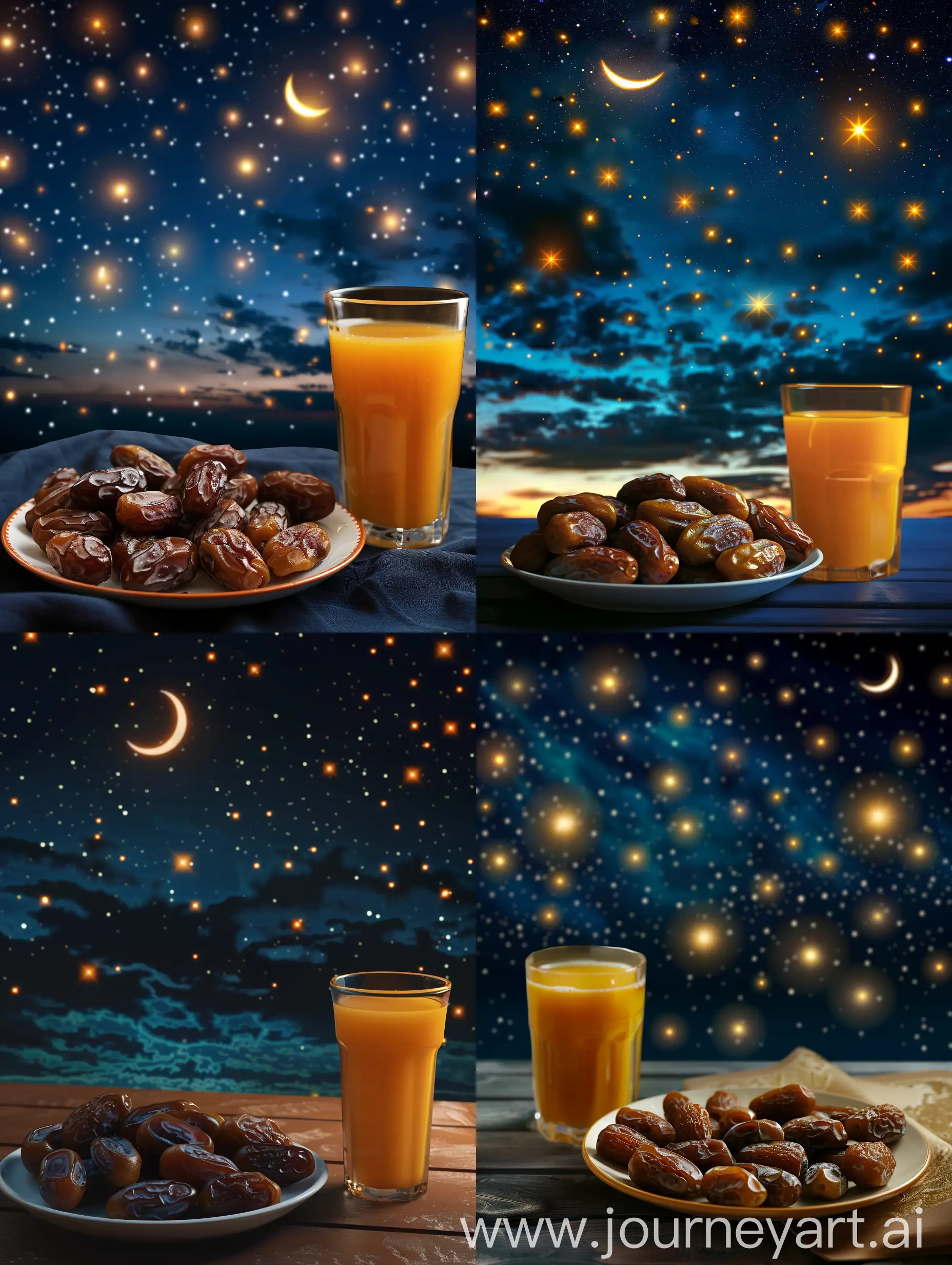 ultra realistic. iftar meal. a plate of dates and a glass of orange juice. night sky background illuminated with glowing stars. there is a crescent moon in the sky. canon eos-id x mark iii dslr --v 6.0
