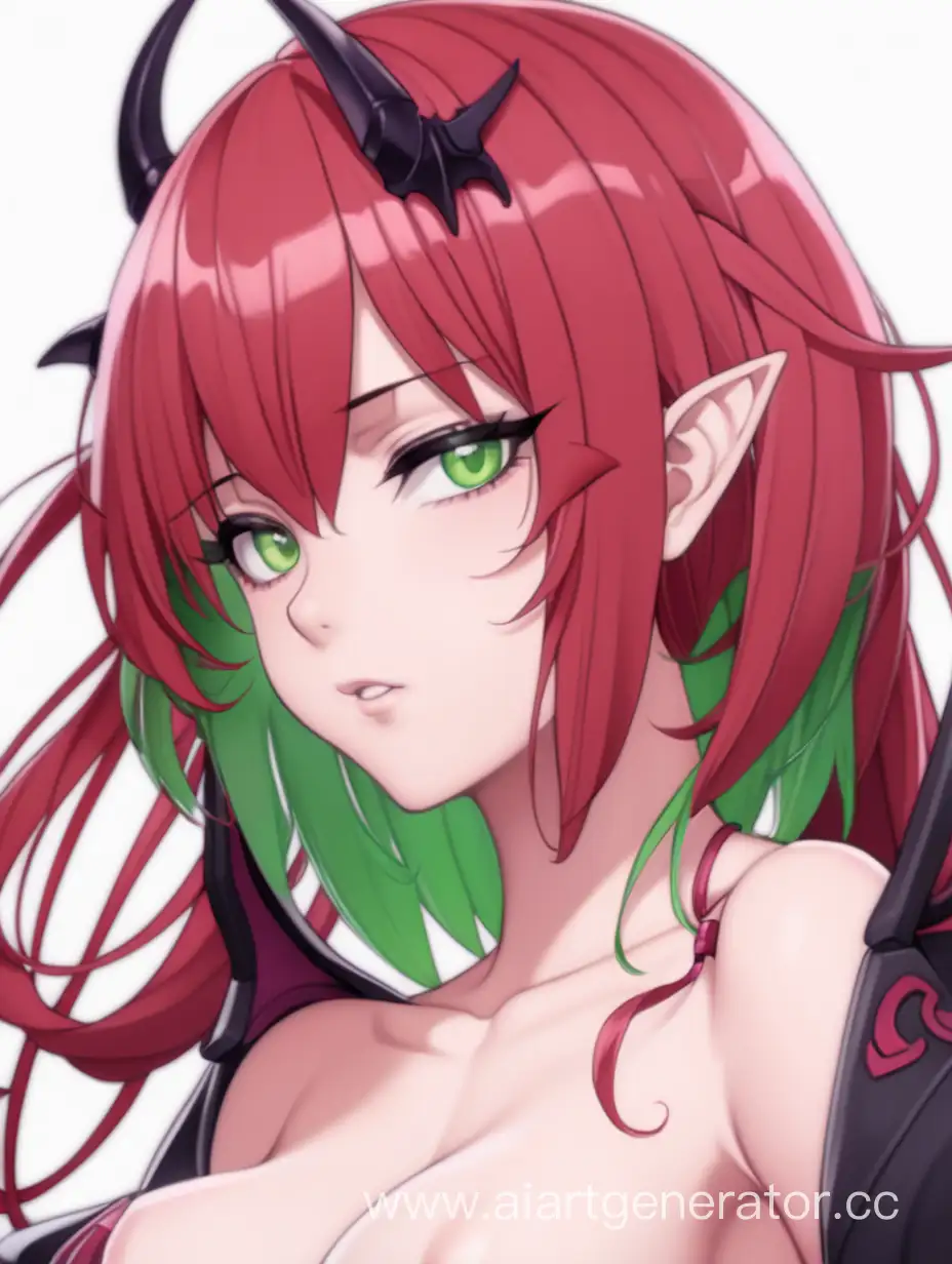 Сексапильная девушка,суккуб,рыжие волосы, прическа каре,зелёные глаза, соблазнительное тело,грудь третьего размера,рисовка в стиле 2D аниме.
