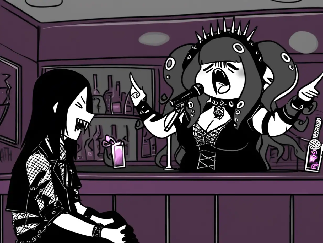 a thicc octopus haired goth punk singing death metal karaoke at a bar