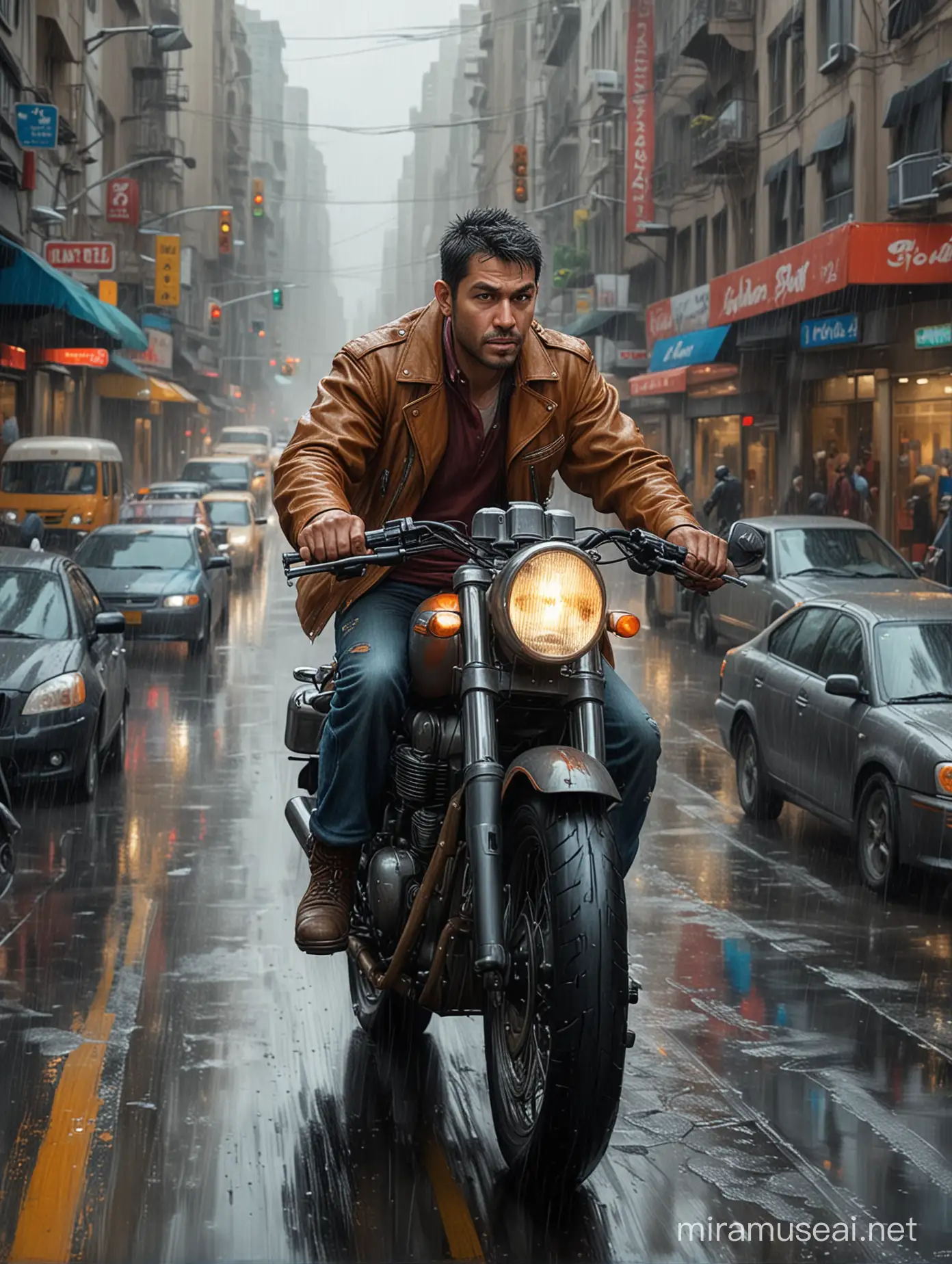 a man riding a motorcycle through a street filled with traffic and cars on a rainy day with a caricature of him, art photography, Eddie Mendoza, a photorealistic painting, highly detailed digital painting