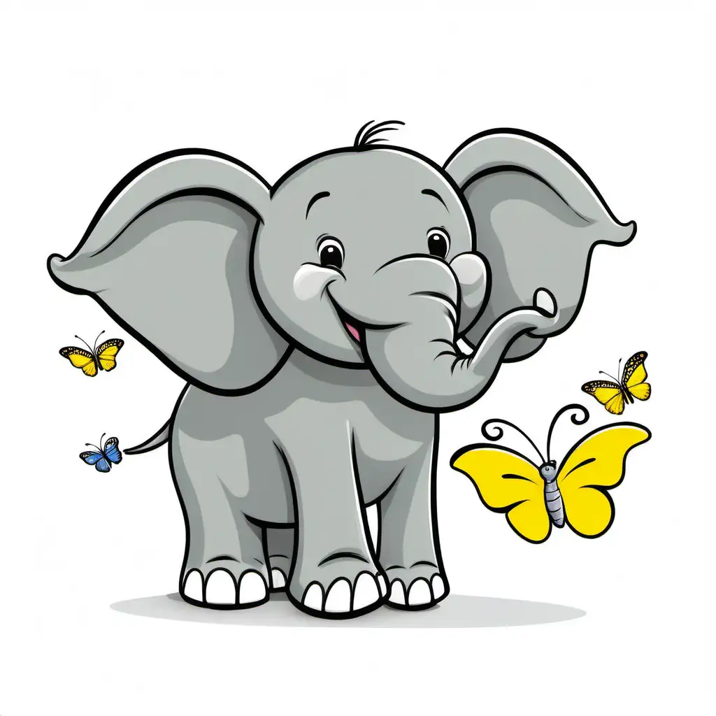 Cheerful Grey Elephant and Yellow Butterfly Cartoon Illustration
