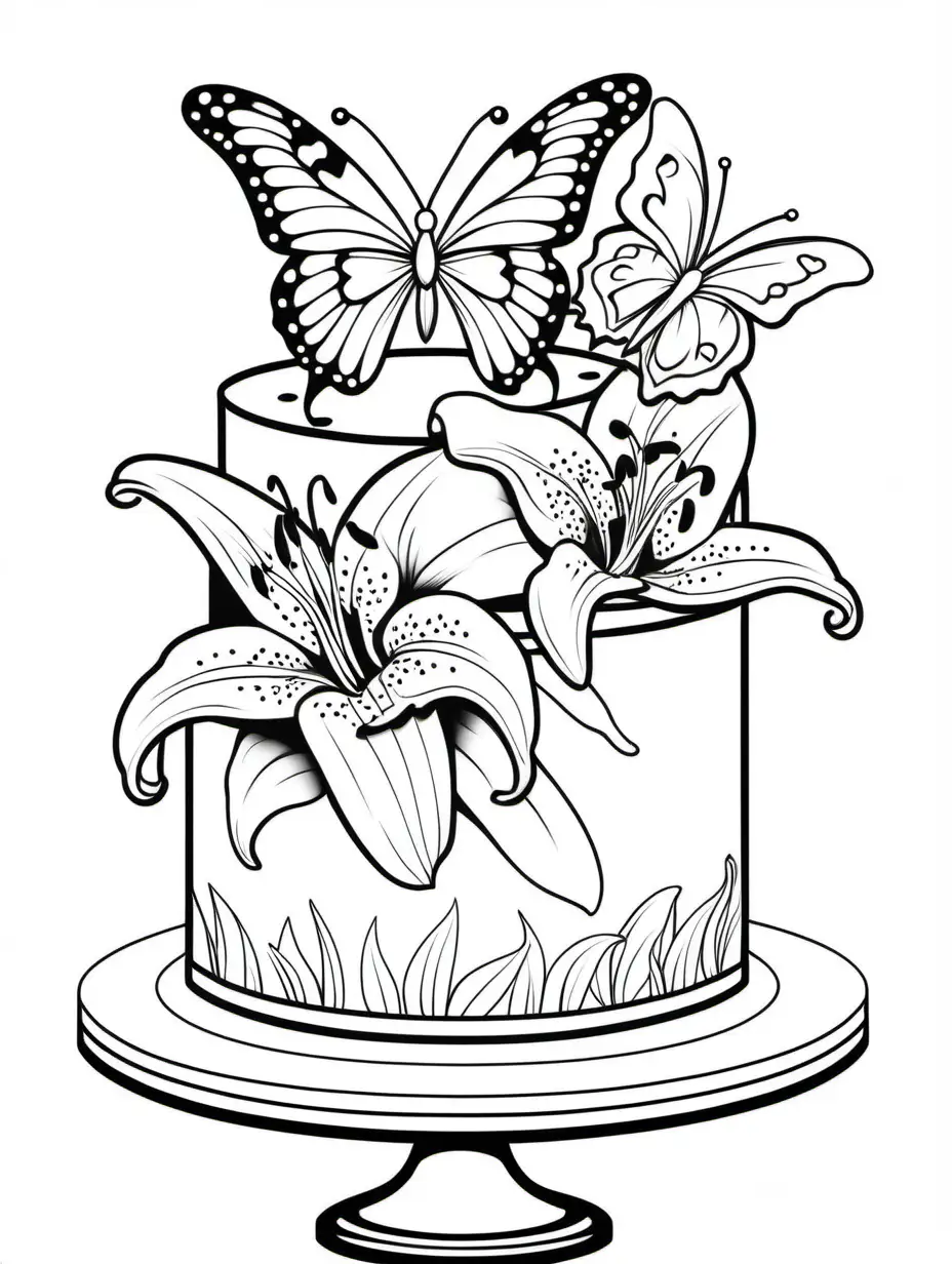 Cake, black outline with the elegance of a lily, dainty butterflies,black and white, a visually stunning cake ,colouring page, white background, white background, colouring page